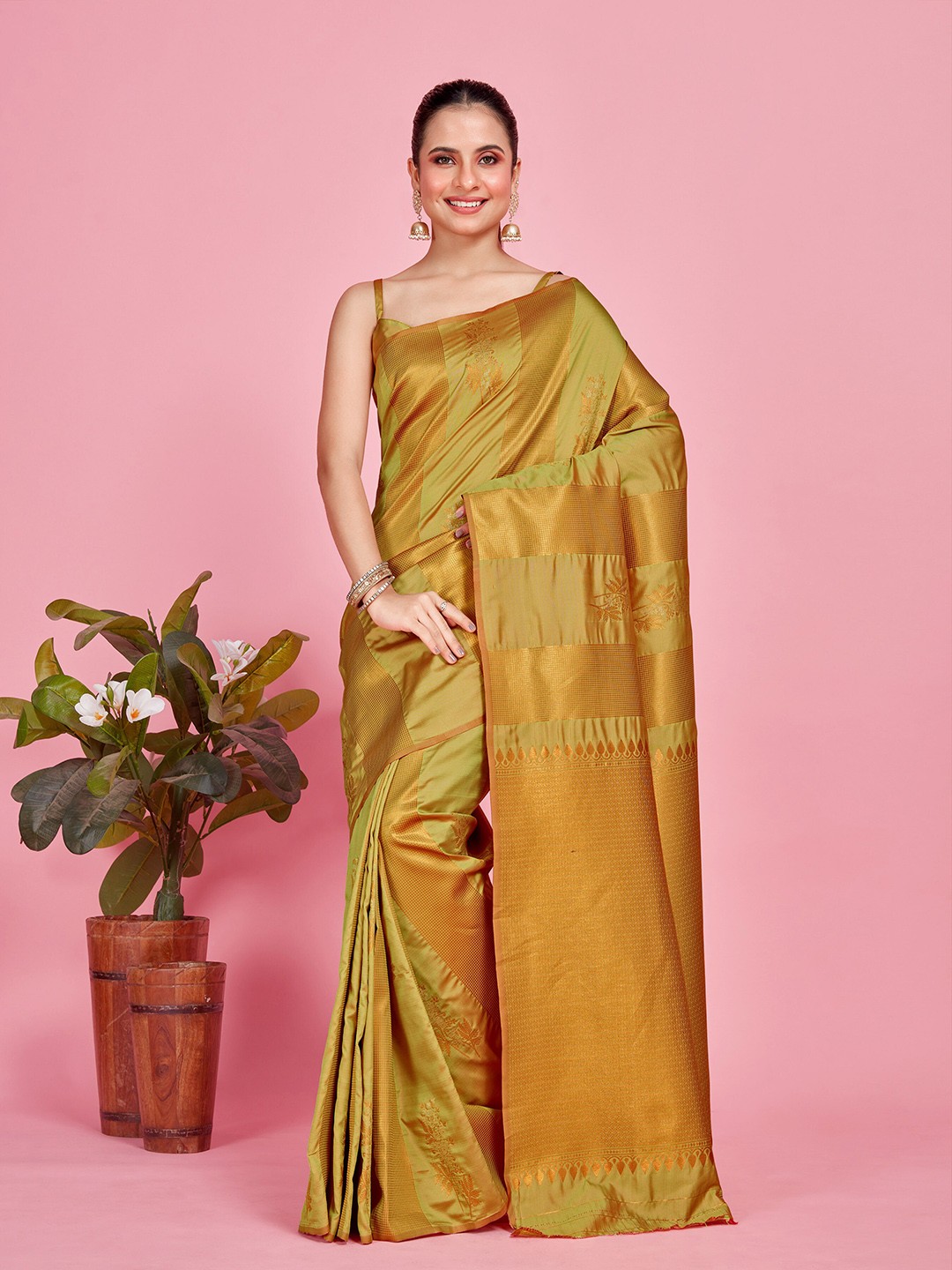 

MIMOSA Ethnic Motifs Woven Design Zari Kanjeevaram Saree, Olive