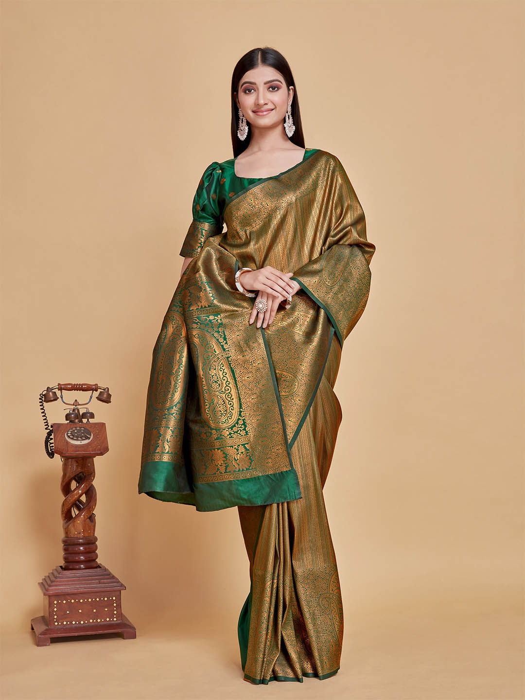 

MIMOSA Striped Zari Kanjeevaram Saree, Green