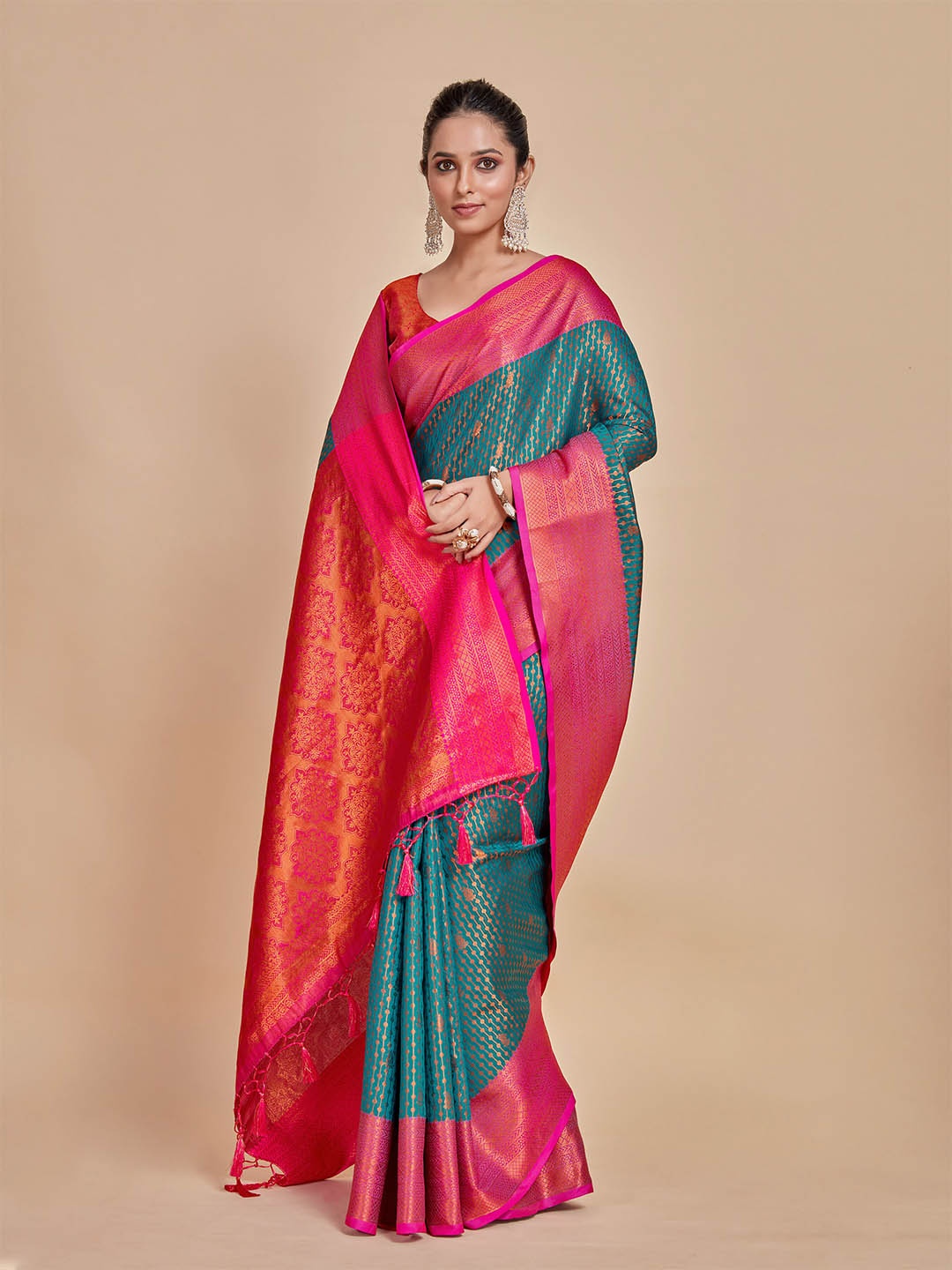 

MIMOSA Ethnic Motifs Woven Design Zari Kanjeevaram Saree, Turquoise blue