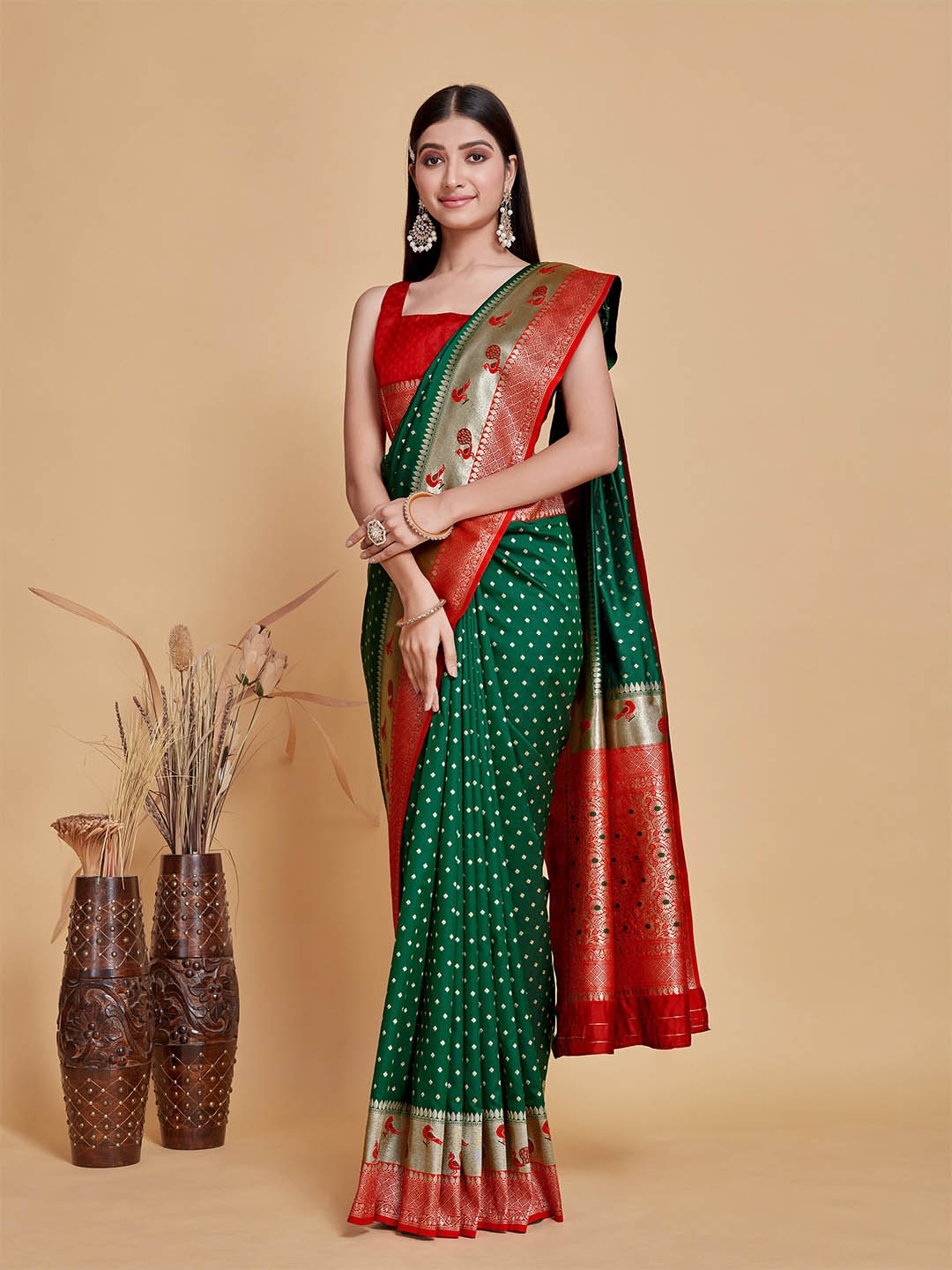 

MIMOSA Ethnic Motifs Woven Design Zari Paithani Saree, Green