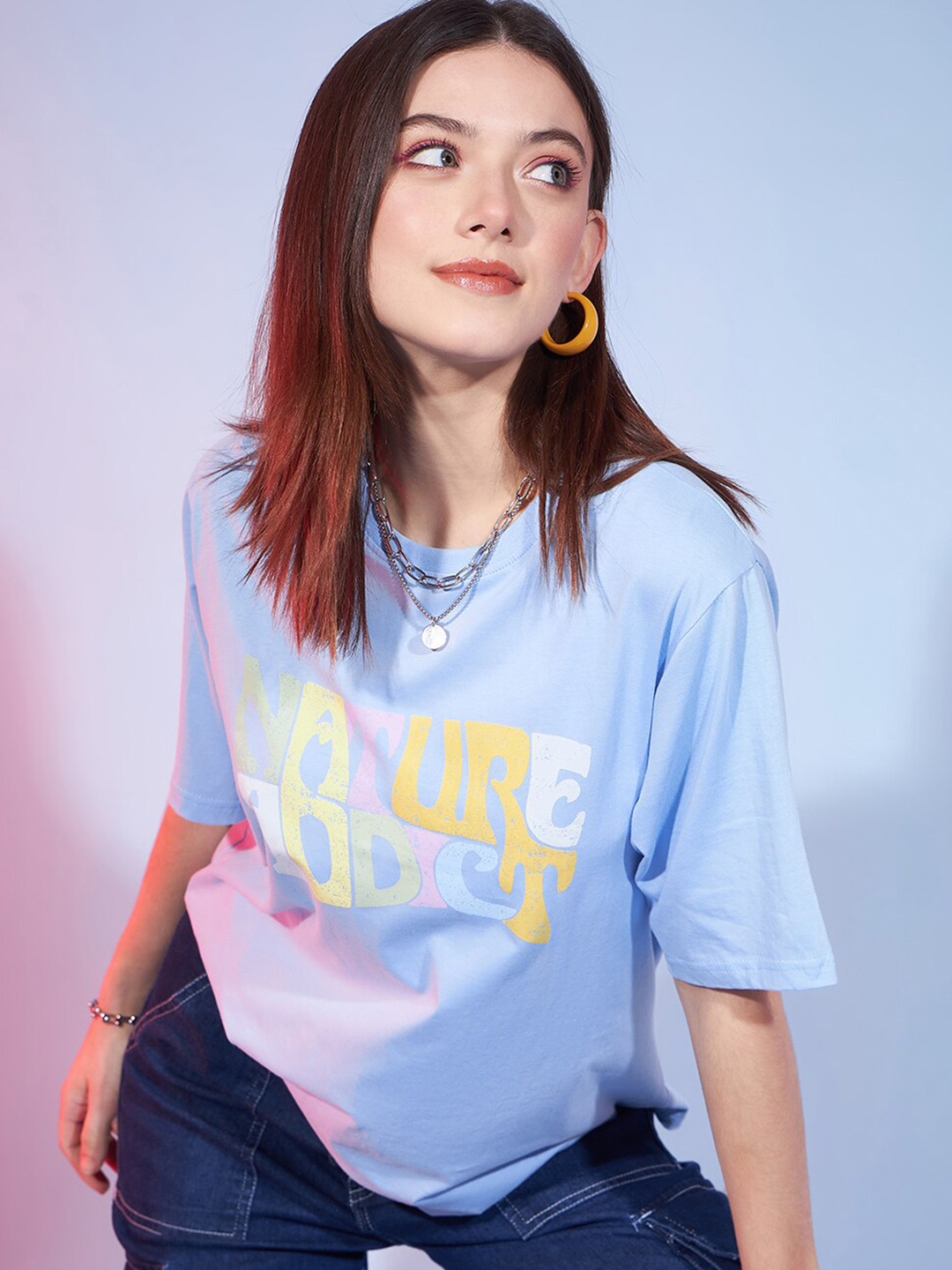 

DressBerry Blue Typography Printed Drop-Shoulder Sleeves Oversized Cotton T-shirt