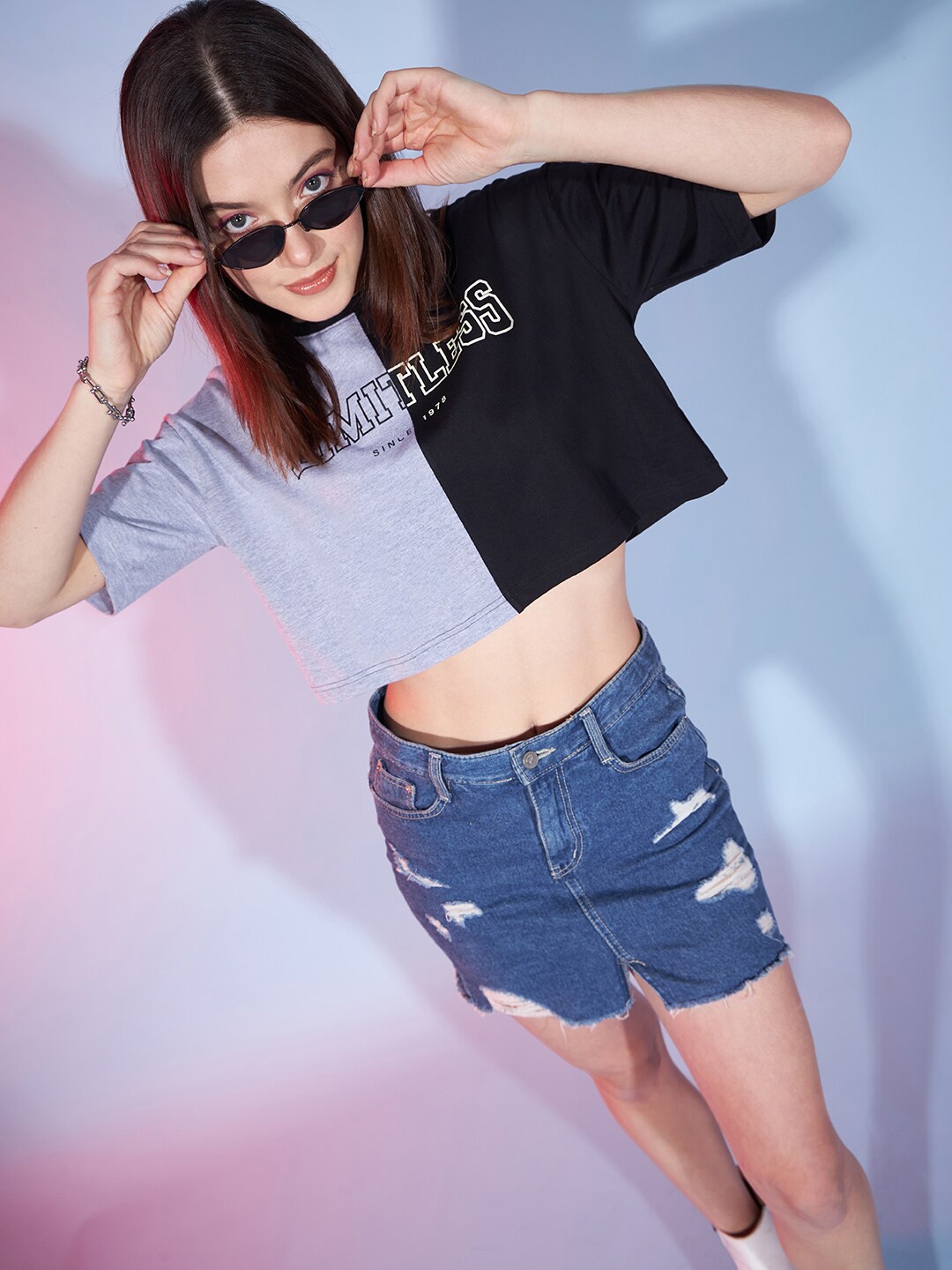 

DressBerry Black & Grey Colourblocked Cotton Boxy Crop T-Shirt