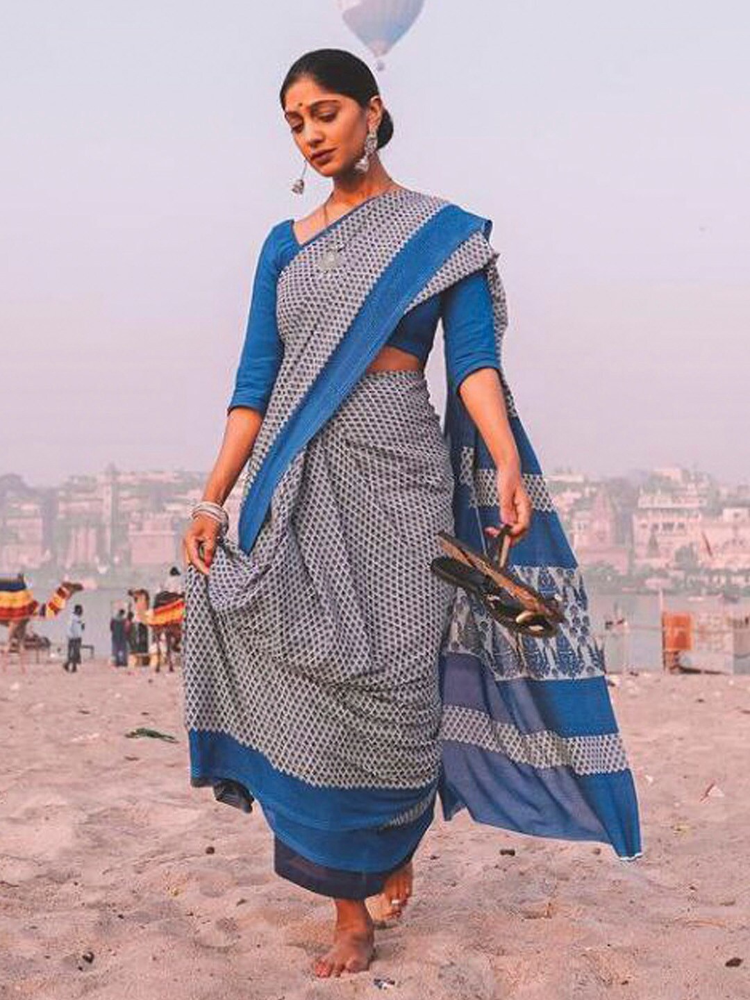 

KALINI Paisley Printed Pure Cotton Bagru Saree, Blue