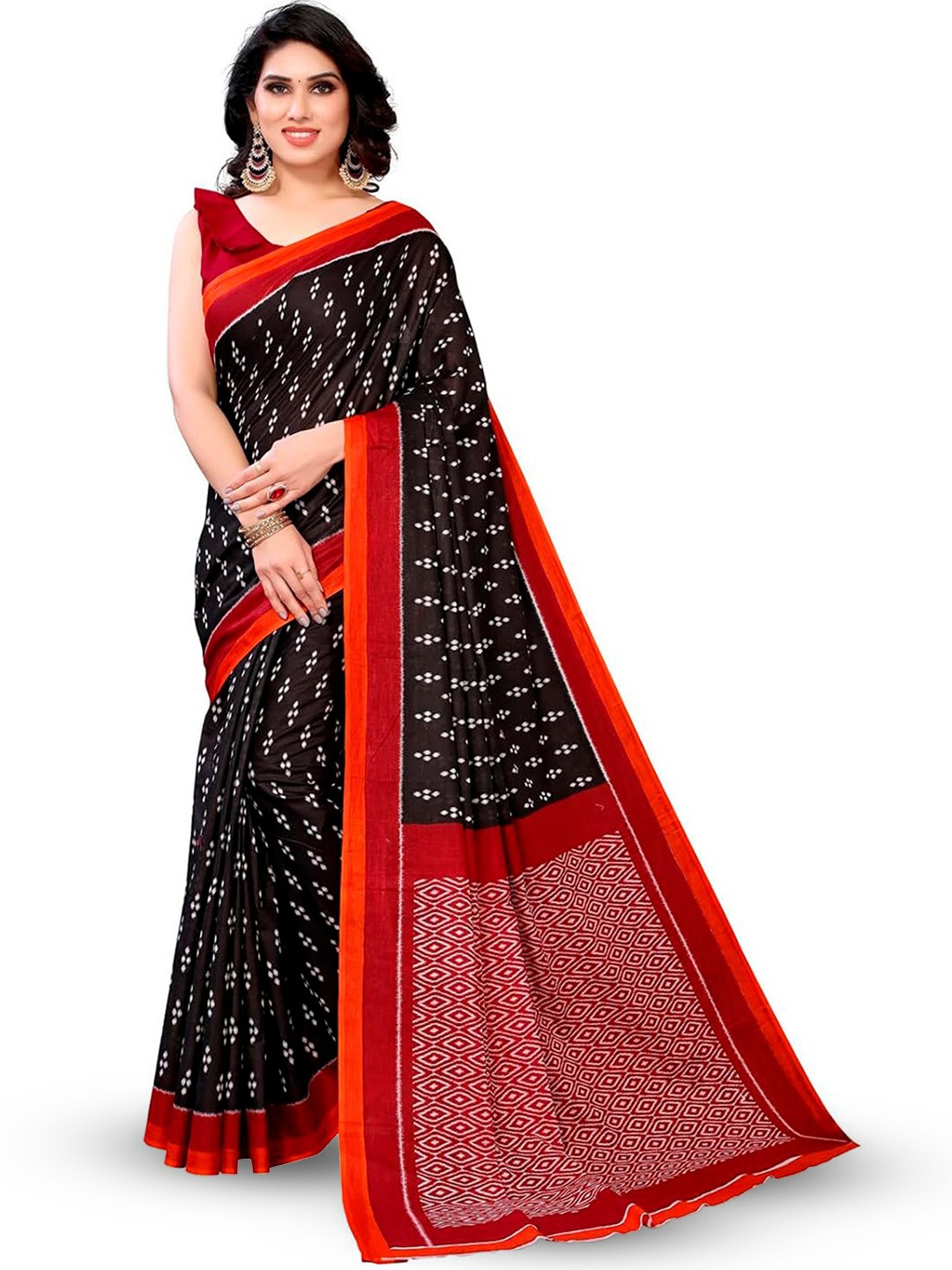 

KALINI Ethnic Motifs Printed Pure Cotton Ikat Saree, Black
