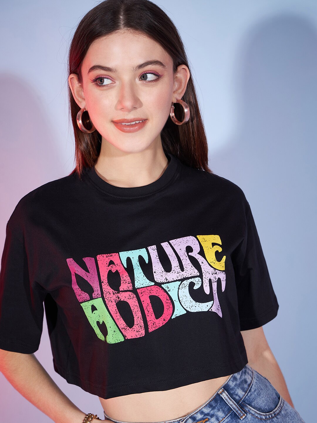 

DressBerry Black Typography Printed Drop-Shoulder Sleeves Oversized Cotton T-shirt