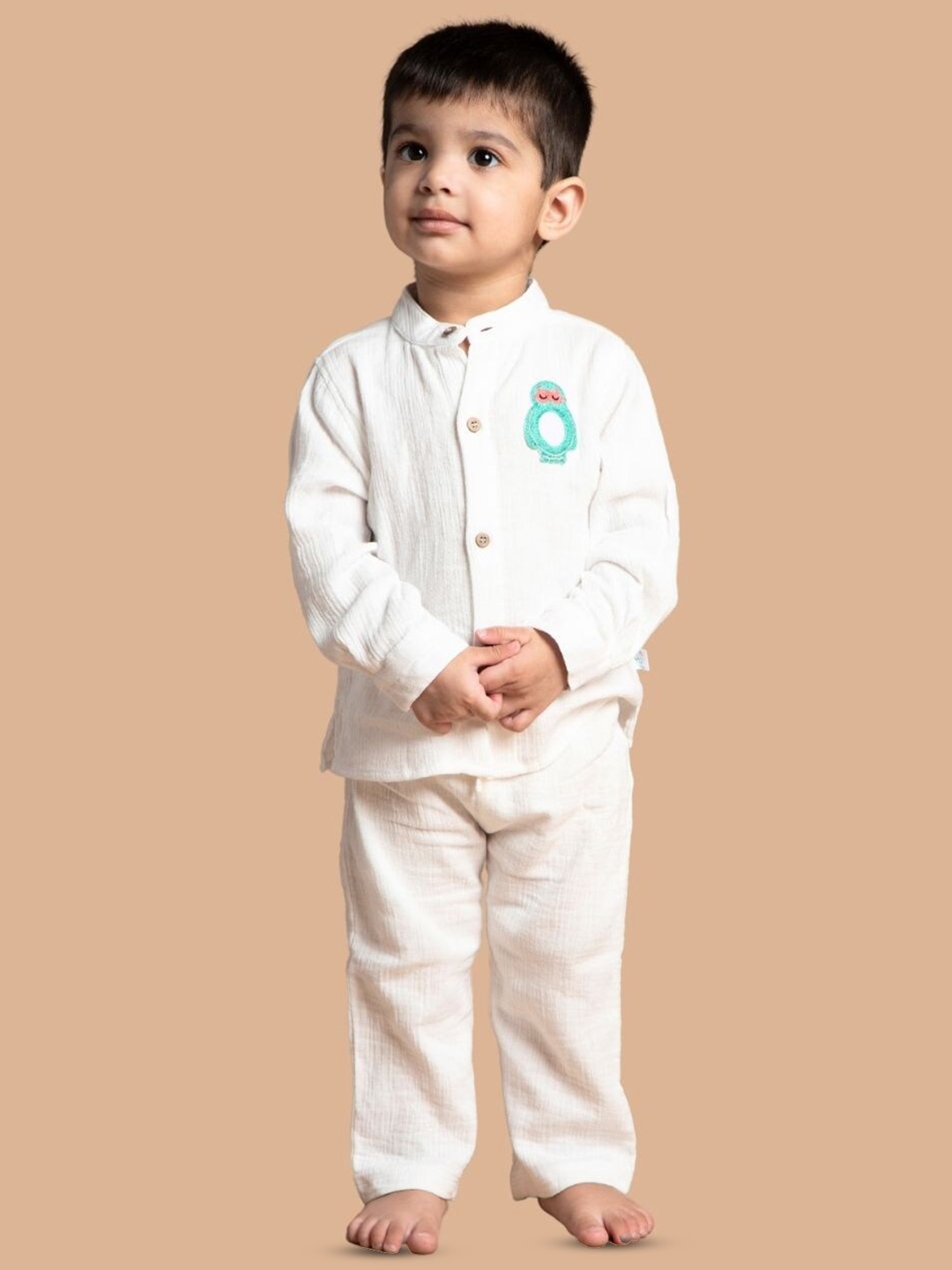 

Greendeer Infant Kids Pure Cotton Mandarin Collar Shirt with Pyjamas, White