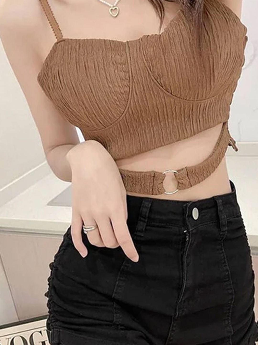 

StyleAsh Shoulder Straps Smocked Bralette Crop Top, Brown