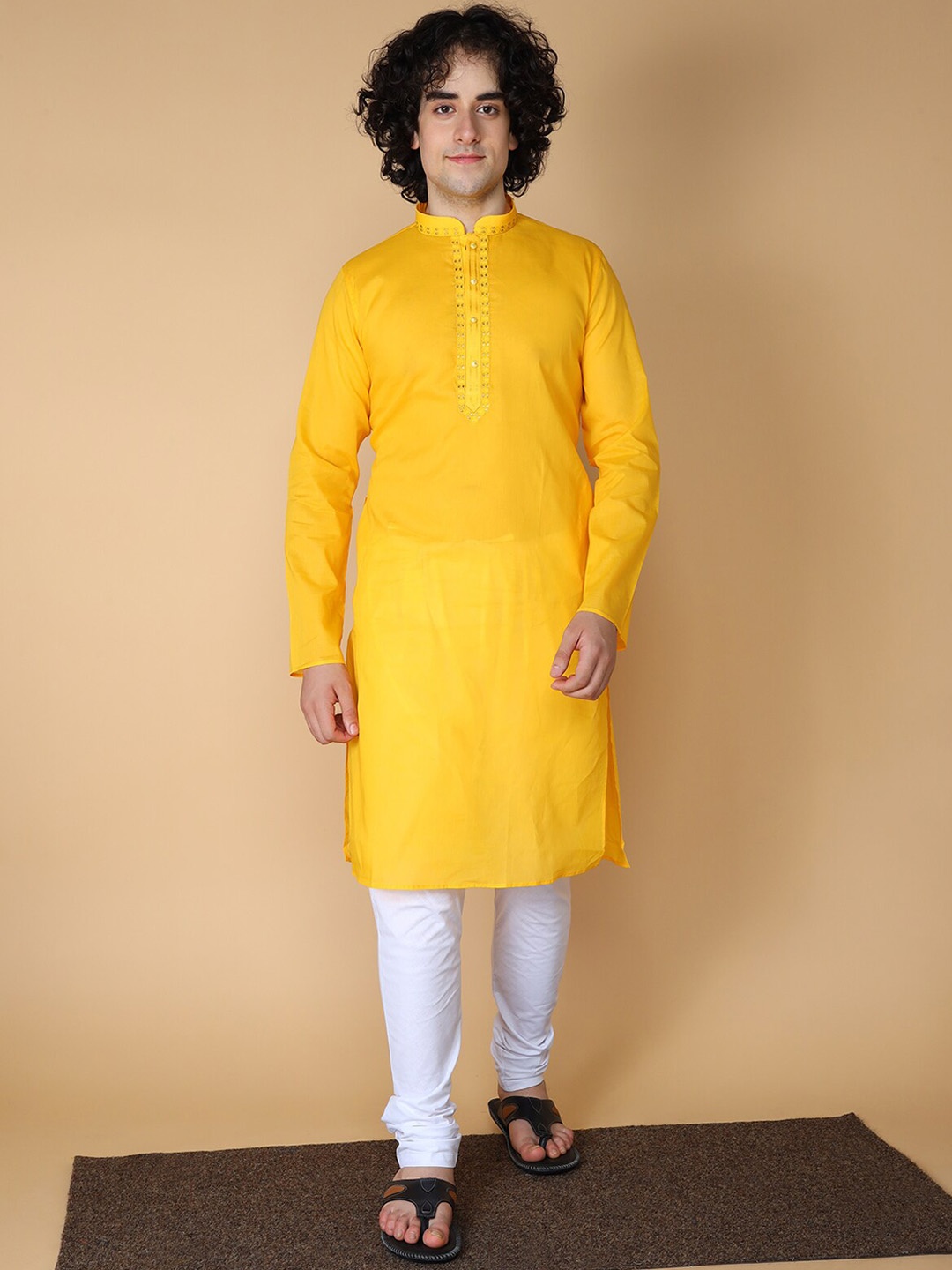 

MAAHI FABS Mandarin Collar Long Sleeve Straight Cotton Ethnic Kurta, Yellow