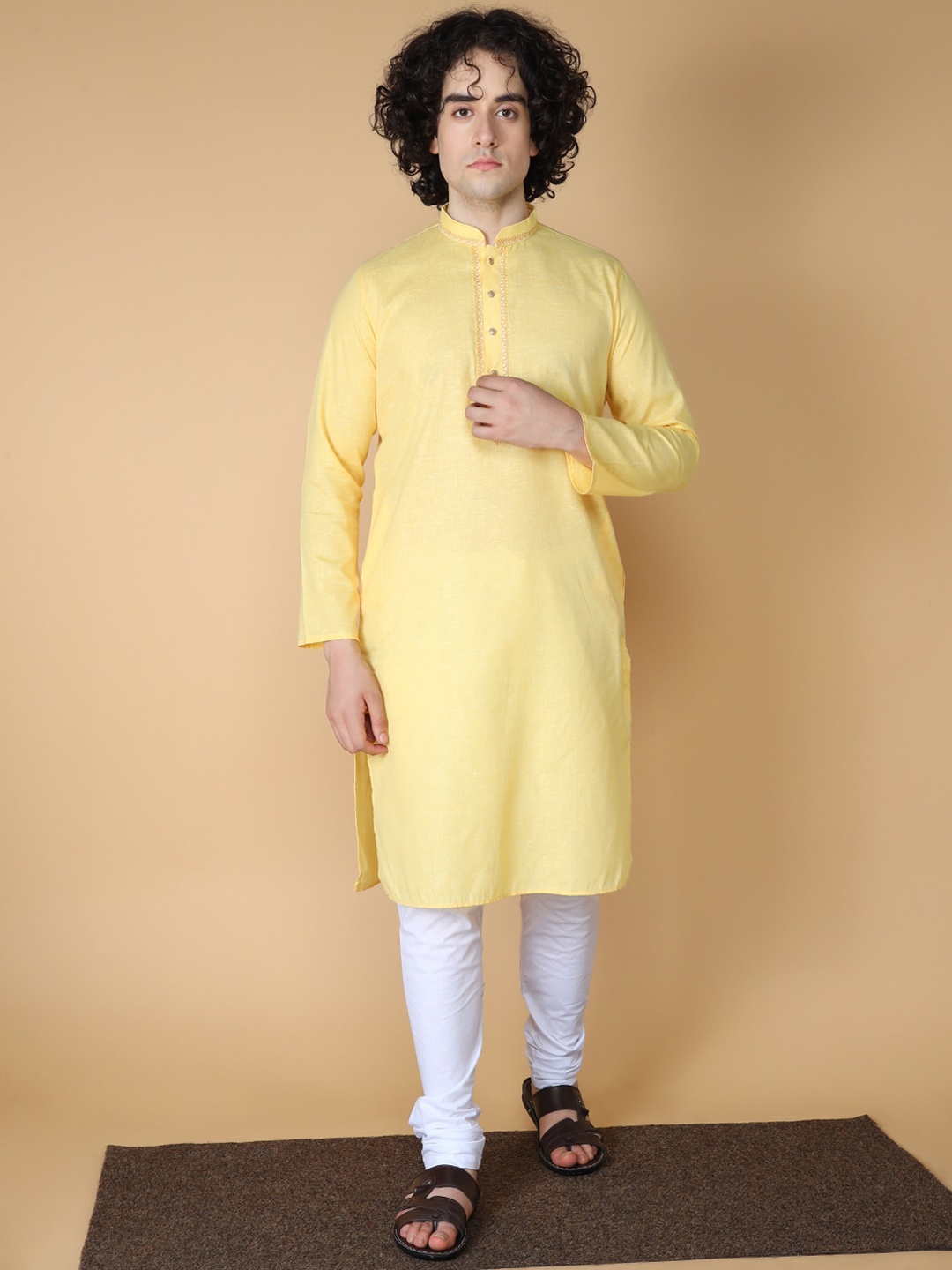 

MAAHI FABS Mandarin Collar Long Sleeve Straight Cotton Ethnic Kurta, Yellow