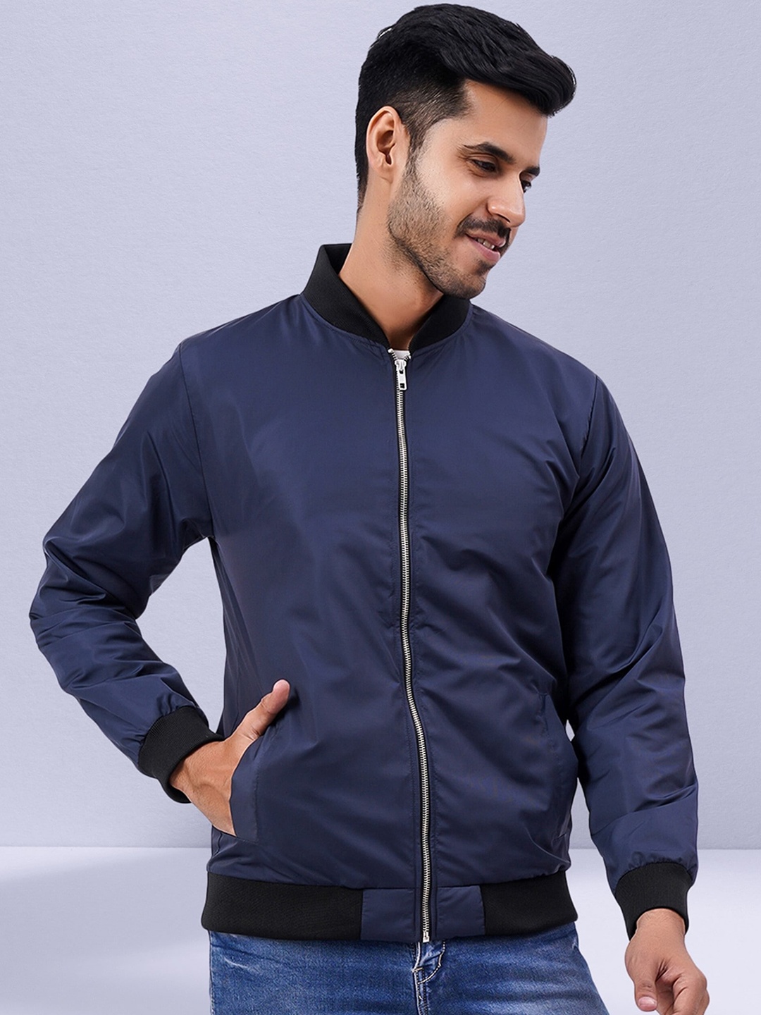 

NUEVOSDAMAS Mock Collar Bomber Jacket, Blue