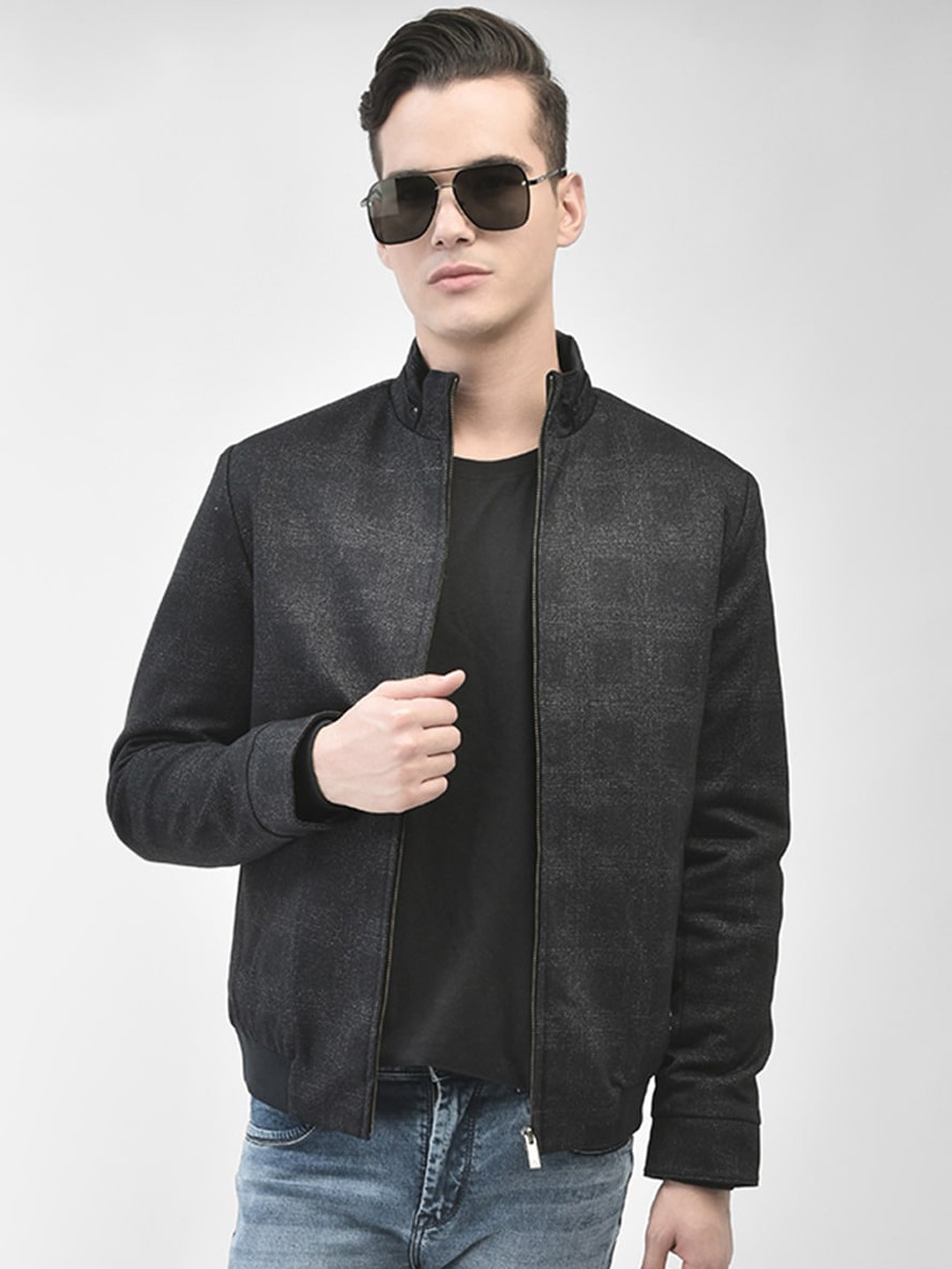 

Crimsoune Club Mock Collar Checked Bomber Jacket, Navy blue