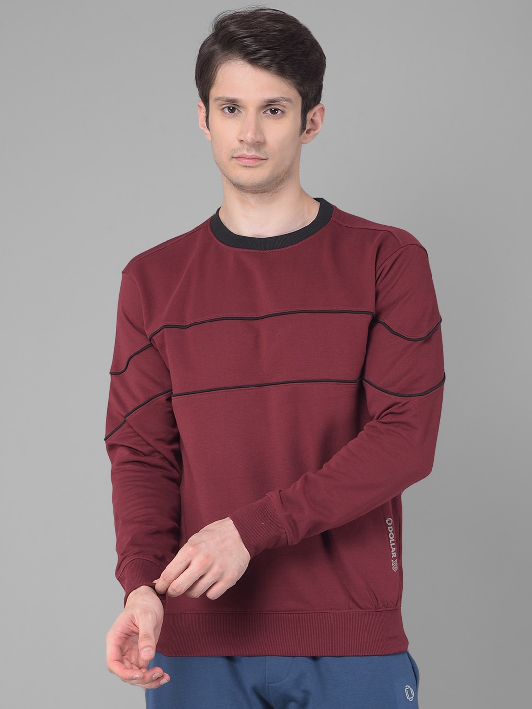 

Dollar Striped Round Neck Cotton Sweatshirt, Maroon