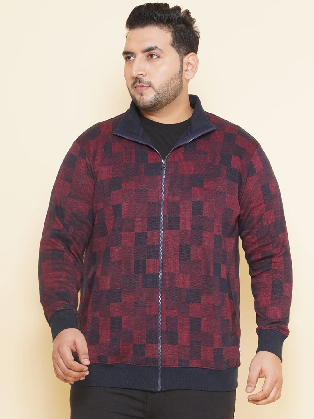 

John Pride Plus Size Checked Mock Collar Front-Open Sweatshirt, Violet