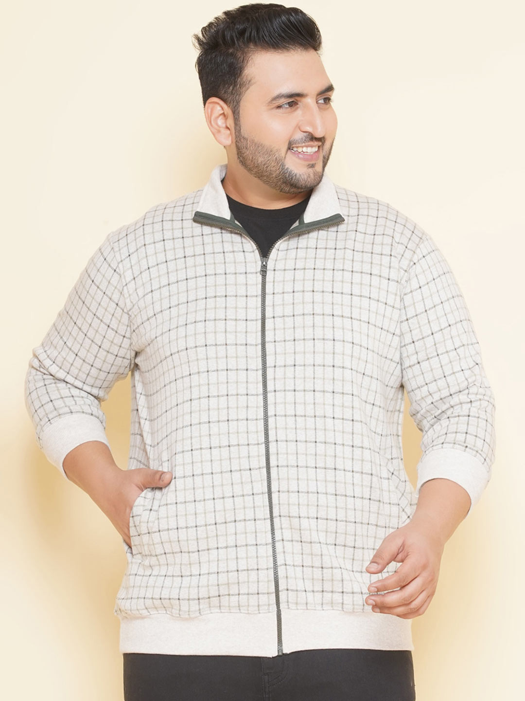 

John Pride Plus Size Checked Front-Open Sweatshirt, Beige