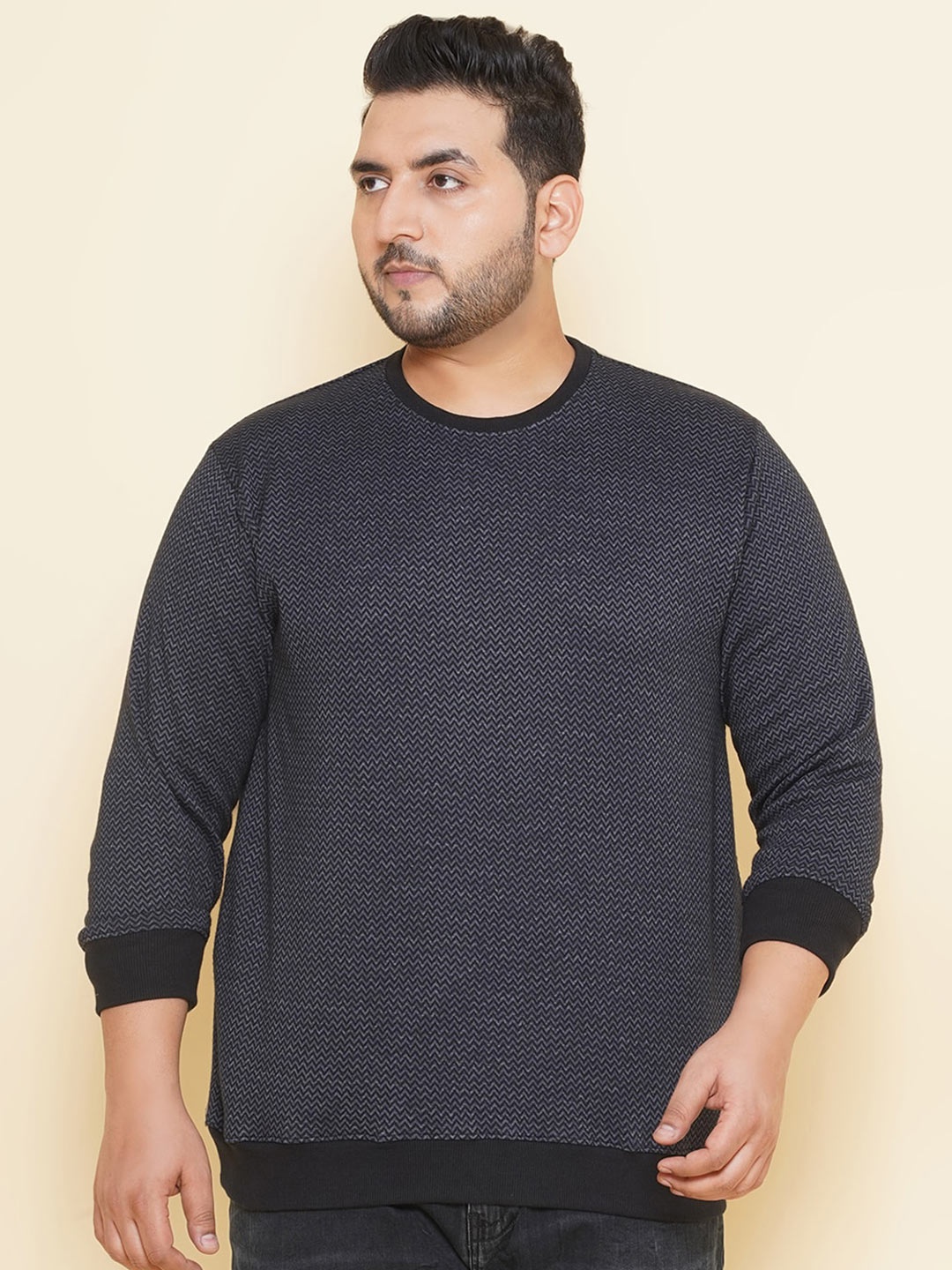 

John Pride Plus Size Chevron Printed Round Neck Pullover, Navy blue