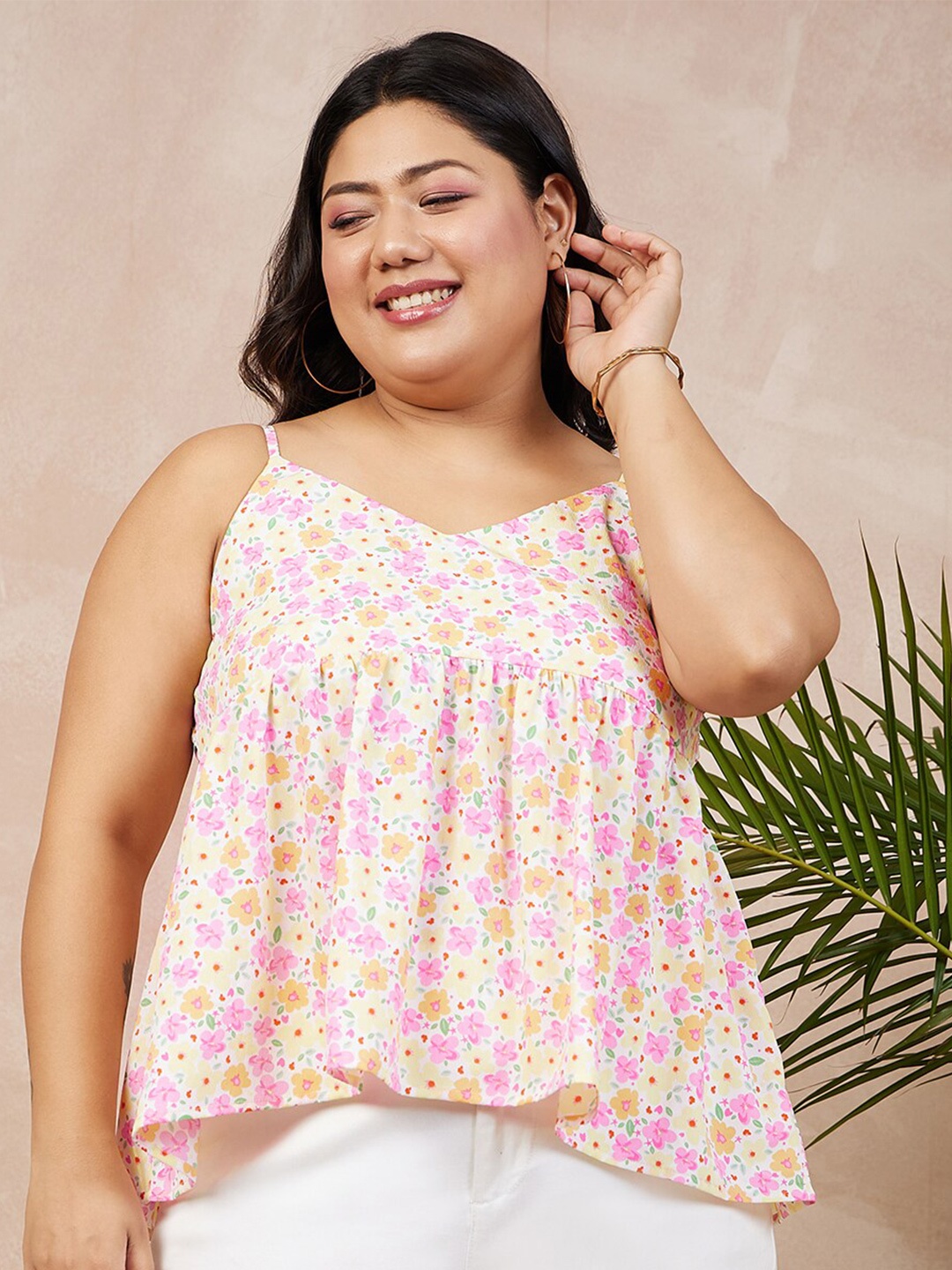 

Berrylush Curve Plus Size Floral Printed Shoulder Straps Gathered Detail A-Line Top, White