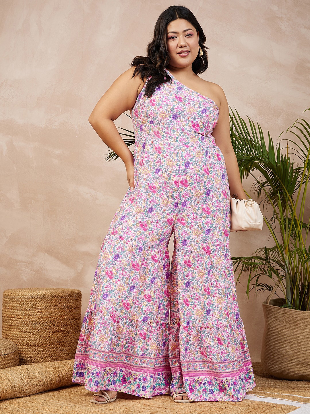 

Berrylush Curve Plus Size Pink & Blue Floral Printed One Shoulder Basic Jumpsuit