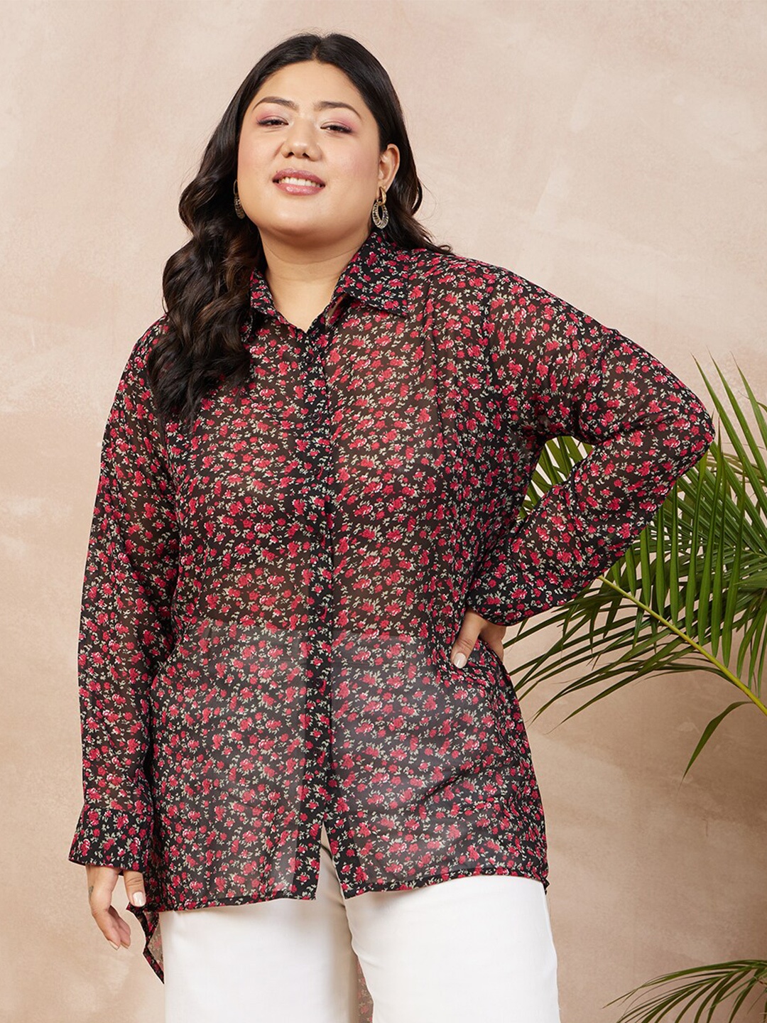 

Berrylush Curve Floral Print Georgette High Low Hem Shirt, Black