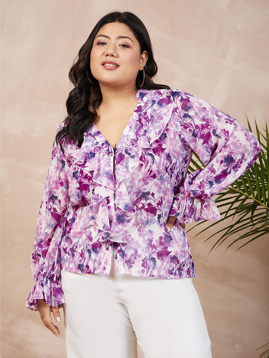 

Berrylush Curve White & Purple Floral Printed Shirt Style Top