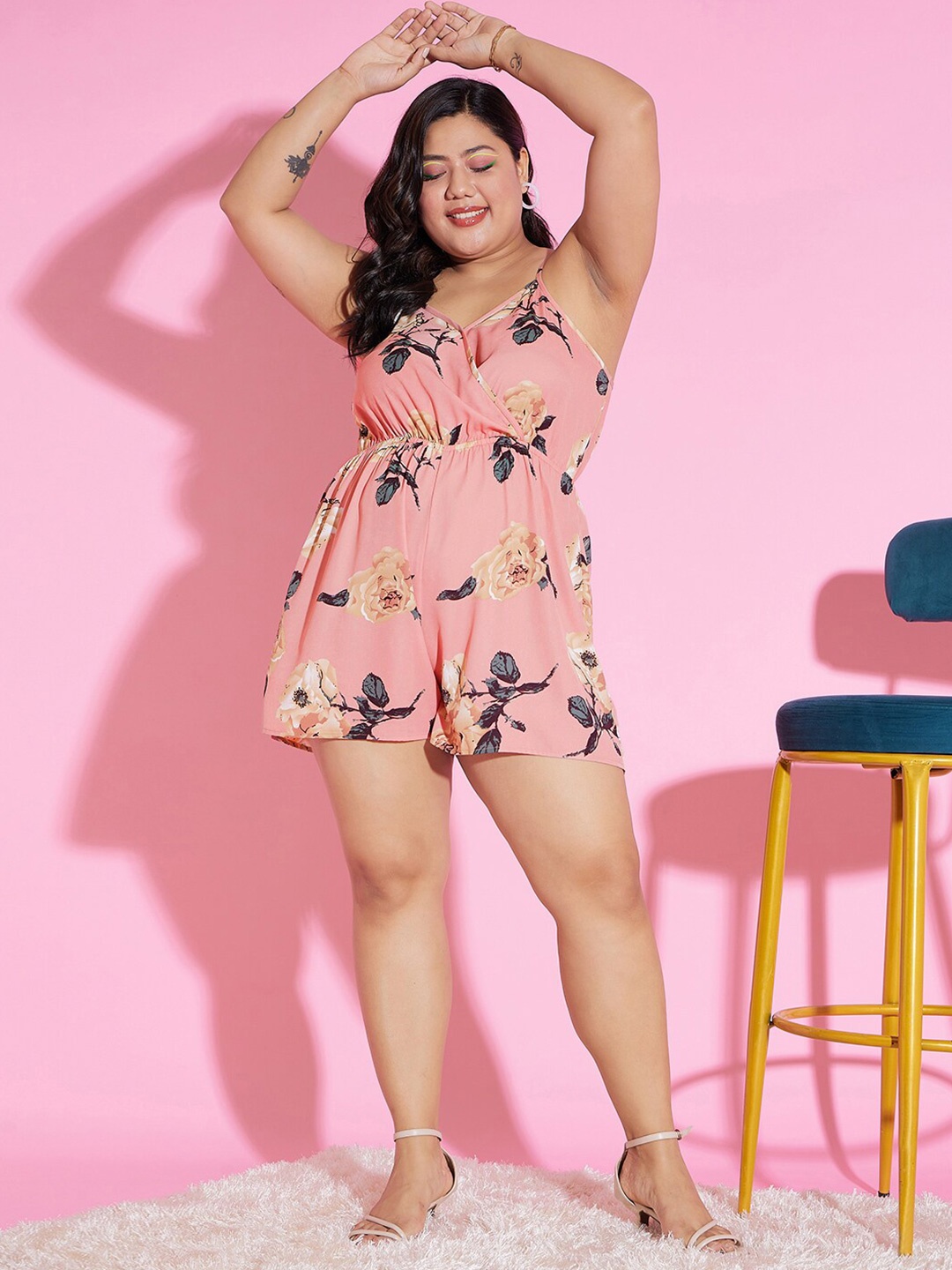 

Berrylush Curve Plus Size Pink & Teal Floral Printed Shoulder Straps Playsuit