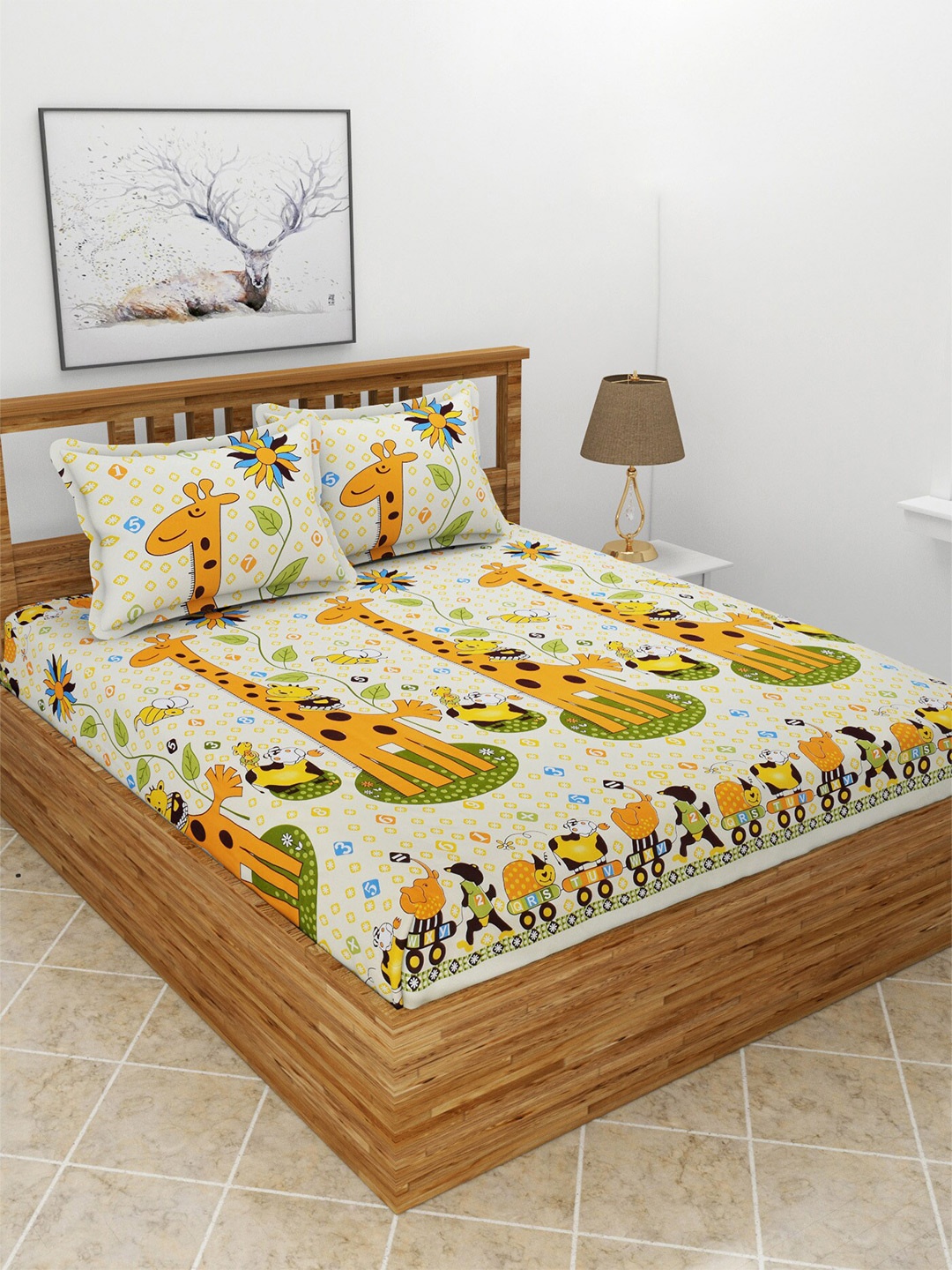 

BREVARD White & Yellow Graphic 180 TC Fitted Queen Bedsheet with 2 Pillow Covers