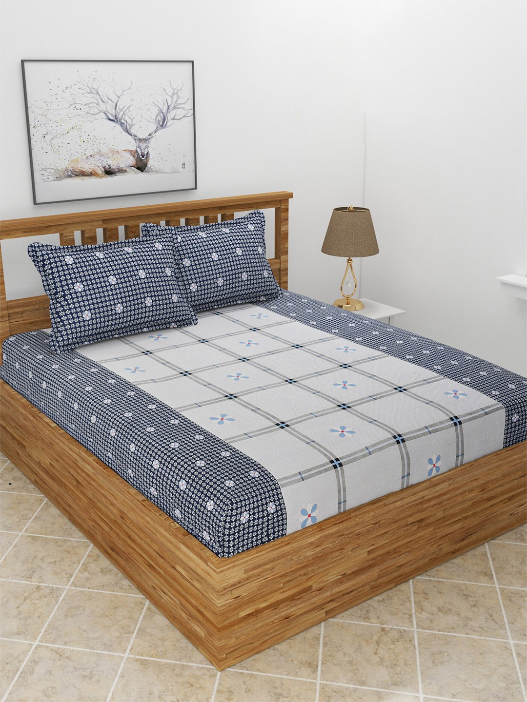 

BREVARD Grey & White Printed 210 TC Fitted Queen Bedsheet with 2 Pillow Covers