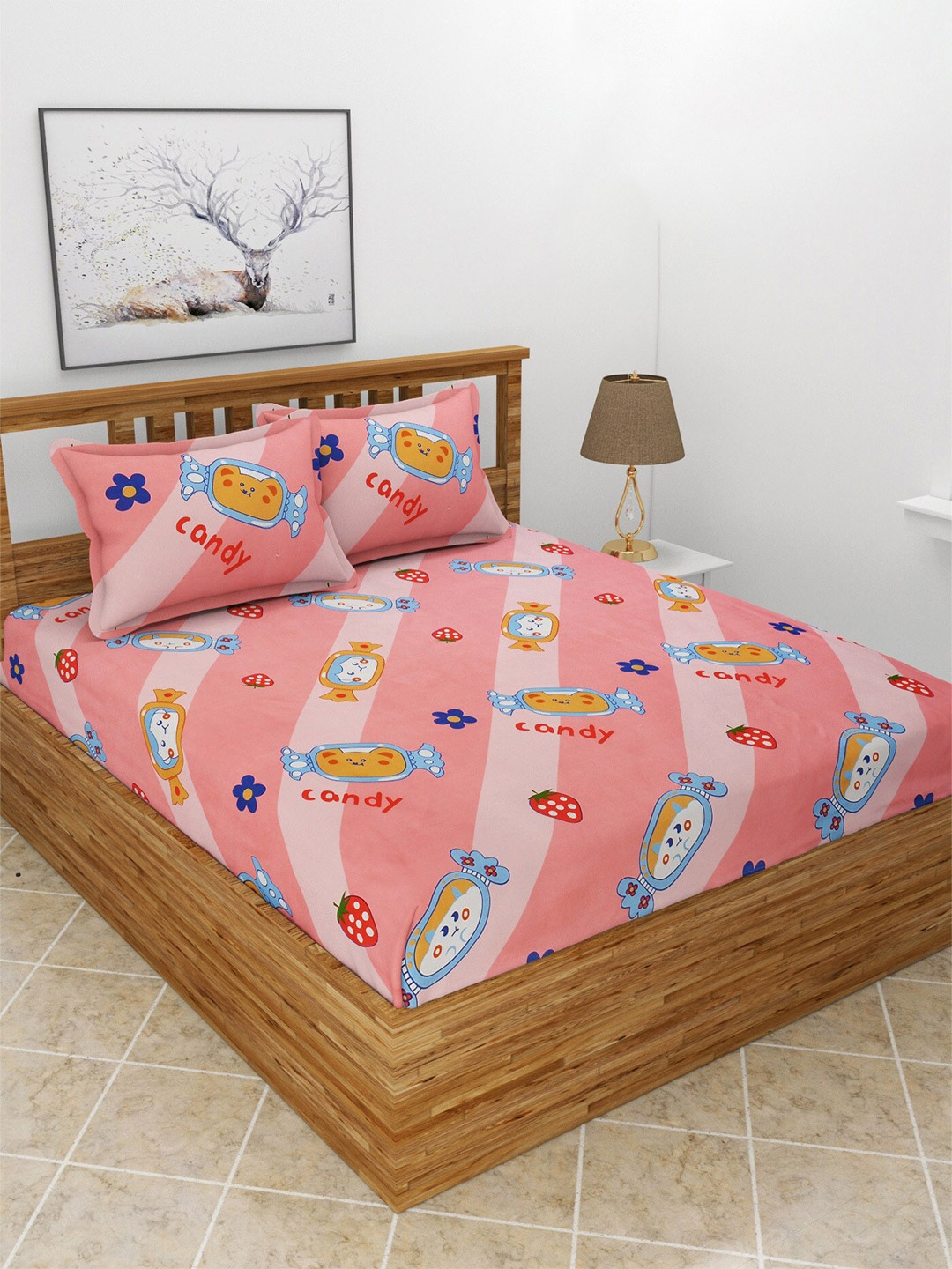 

BREVARD Pink & Blue Conversational 210 TC Queen Fitted Bedsheet with 2 Pillow Covers