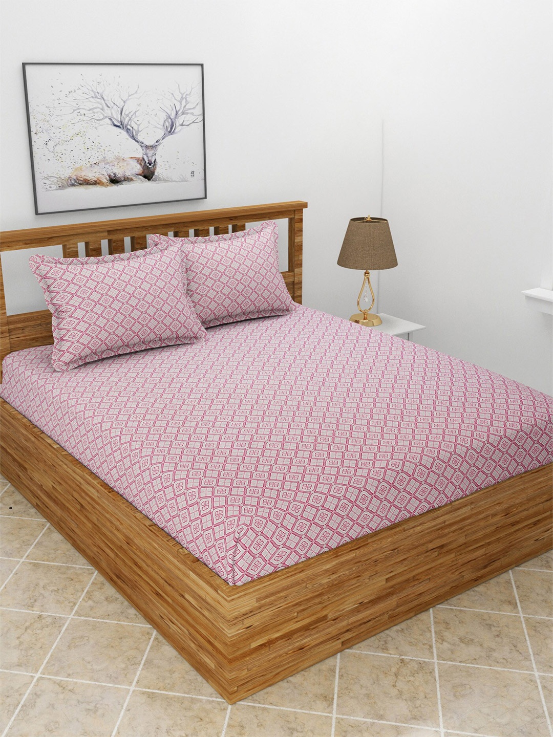 

BREVARD Pink Ethnic Motifs Cotton 210 TC Fitted Queen Bedsheet with 2 Pillow Covers