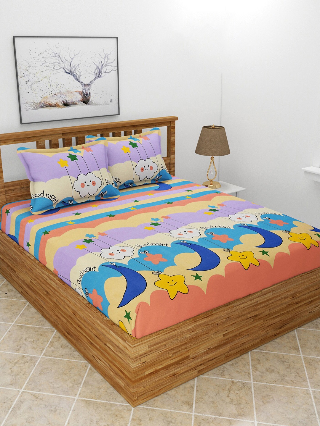 

BREVARD Yellow & Purple Cartoon Characters 180 TC Fitted Queen Bedsheet & 2 Pillow Covers