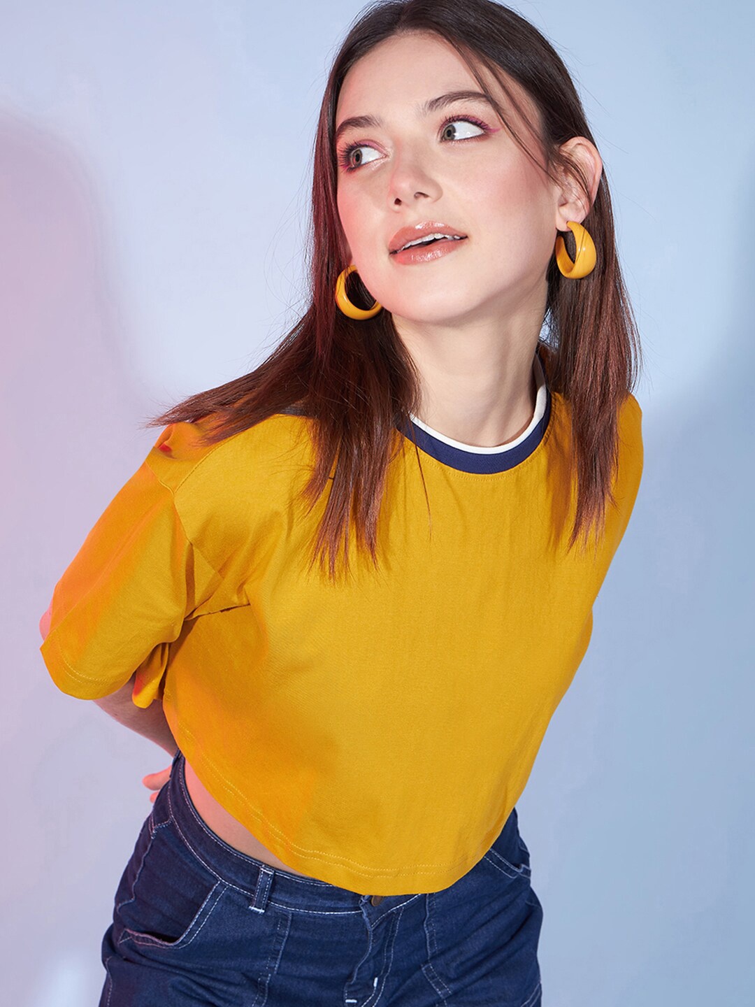 

DressBerry Mustard Yellow Cotton Drop-Shoulder Sleeves Boxy Crop T-Shirt