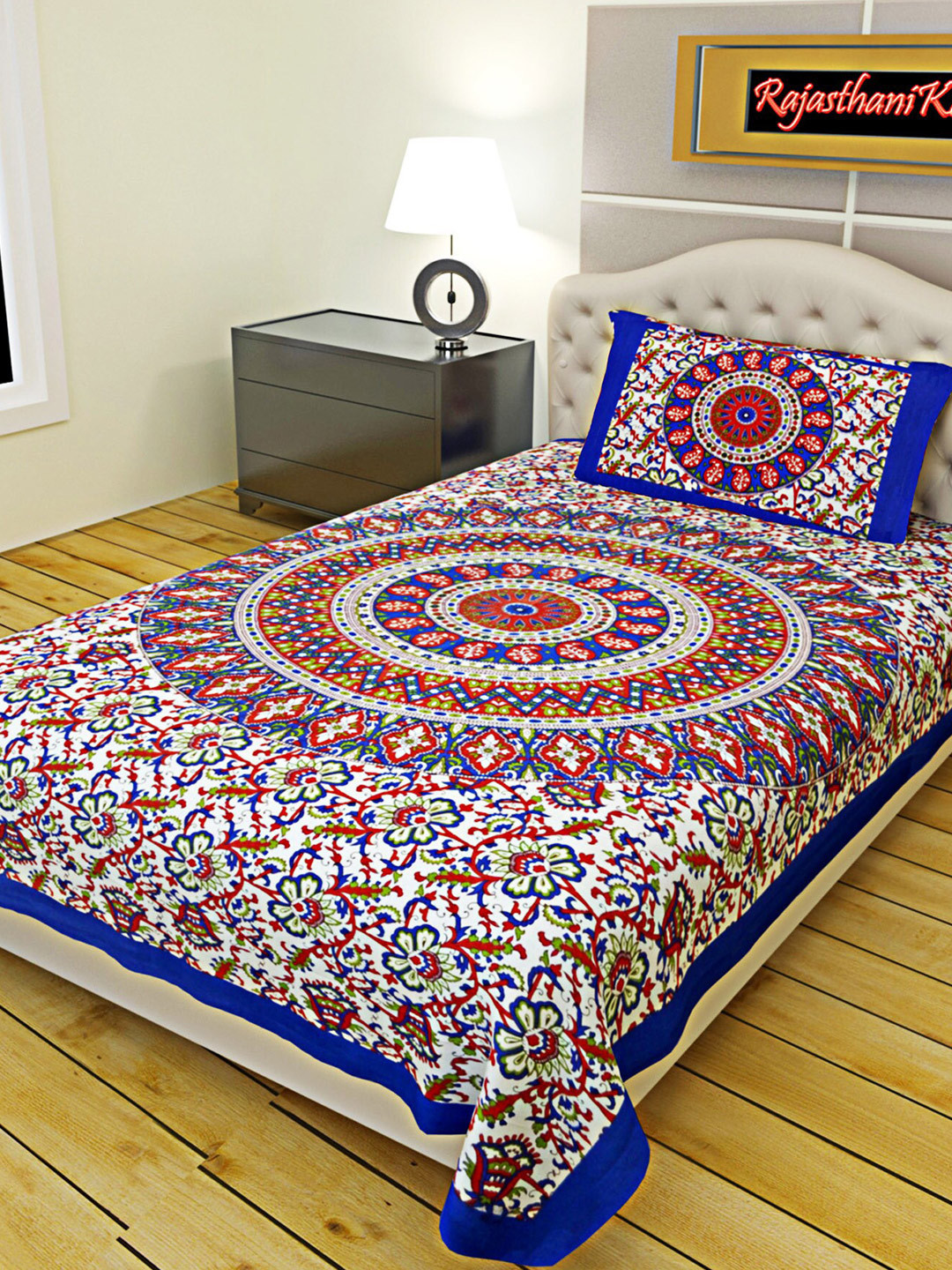 

Rajasthanikart White & Blue Ethnic Motif Cotton 120 TC Single Bedsheet with 1 Pillow Cover