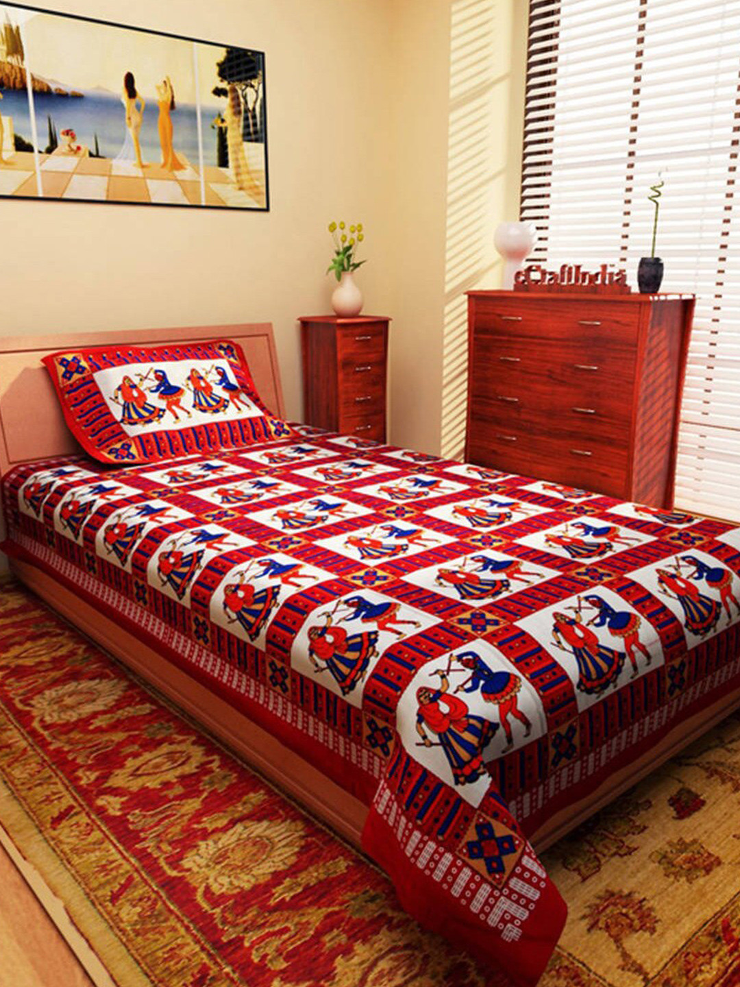 

Rajasthanikart Red & White Ethnic Motifs Cotton 120 TC Single Bedsheet with 1 Pillow Cover