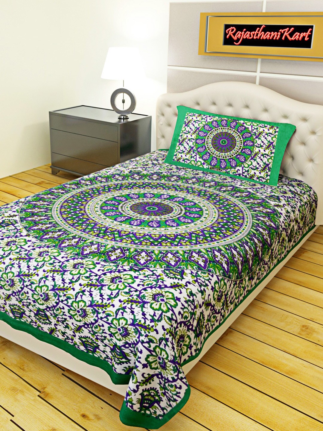 

Rajasthanikart Green & White Cotton 120 TC Single Bedsheet with 1 Pillow Cover
