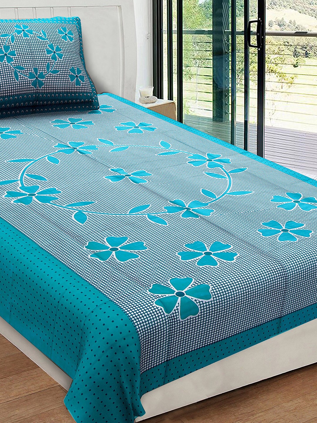 

Rajasthanikart Green & White Floral Cotton 120 TC Single Bedsheet with 1 Pillow Cover