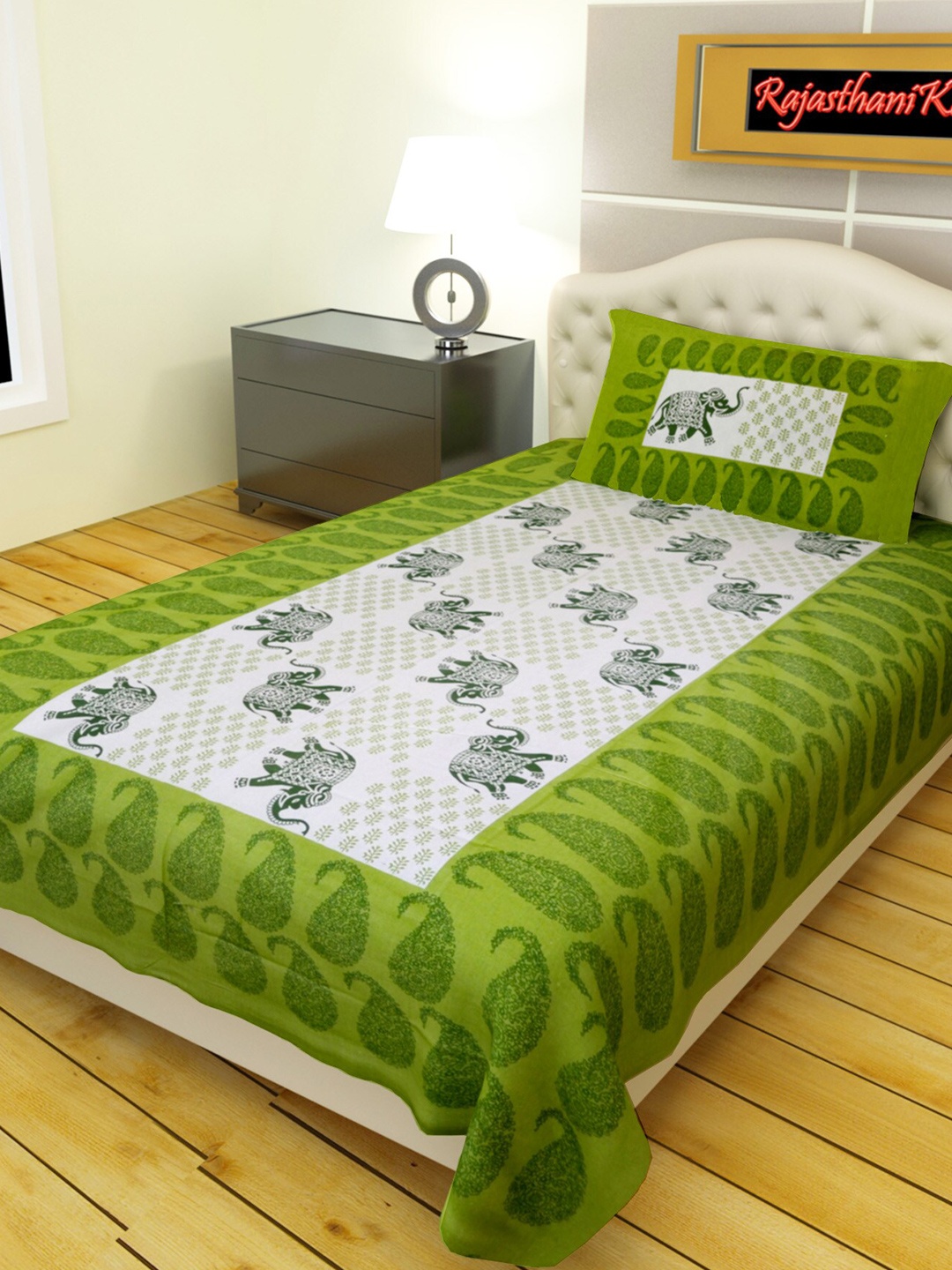 

Rajasthanikart Green & White Cotton 120 TC Single Bedsheet with 1 Pillow Cover