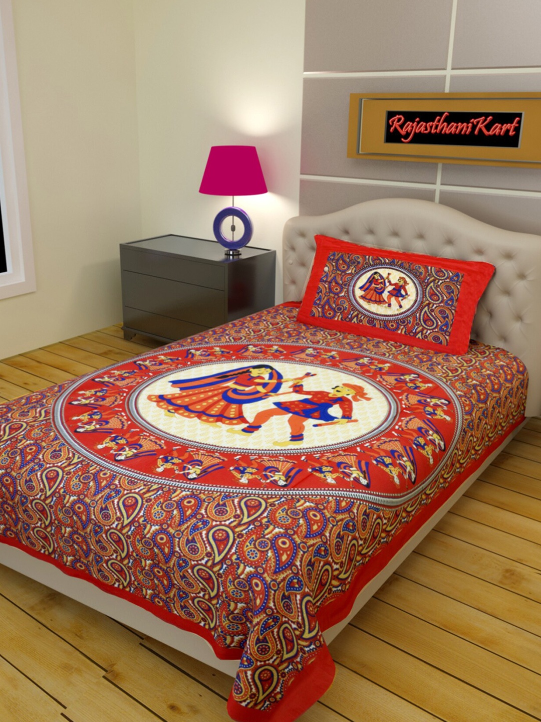 

Rajasthanikart Red & Cream Printed Cotton 120 TC Single Bedsheet with 1 Pillow Covers