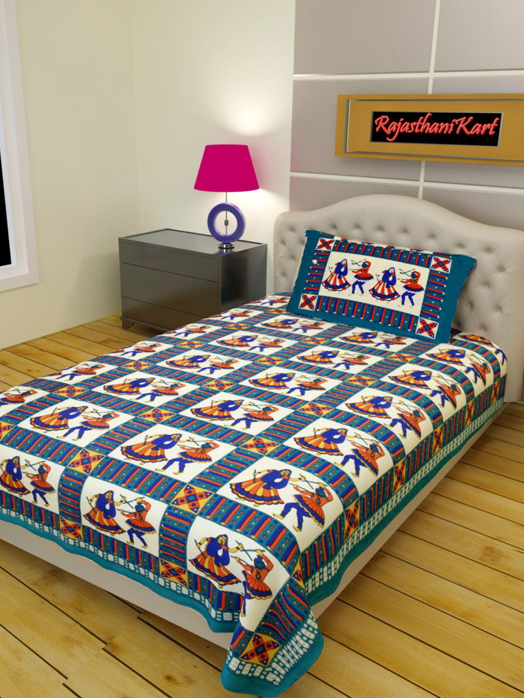 

Rajasthanikart Green & White Ethnic Motifs Cotton 120 TC Single Bedsheet & 1 Pillow Cover
