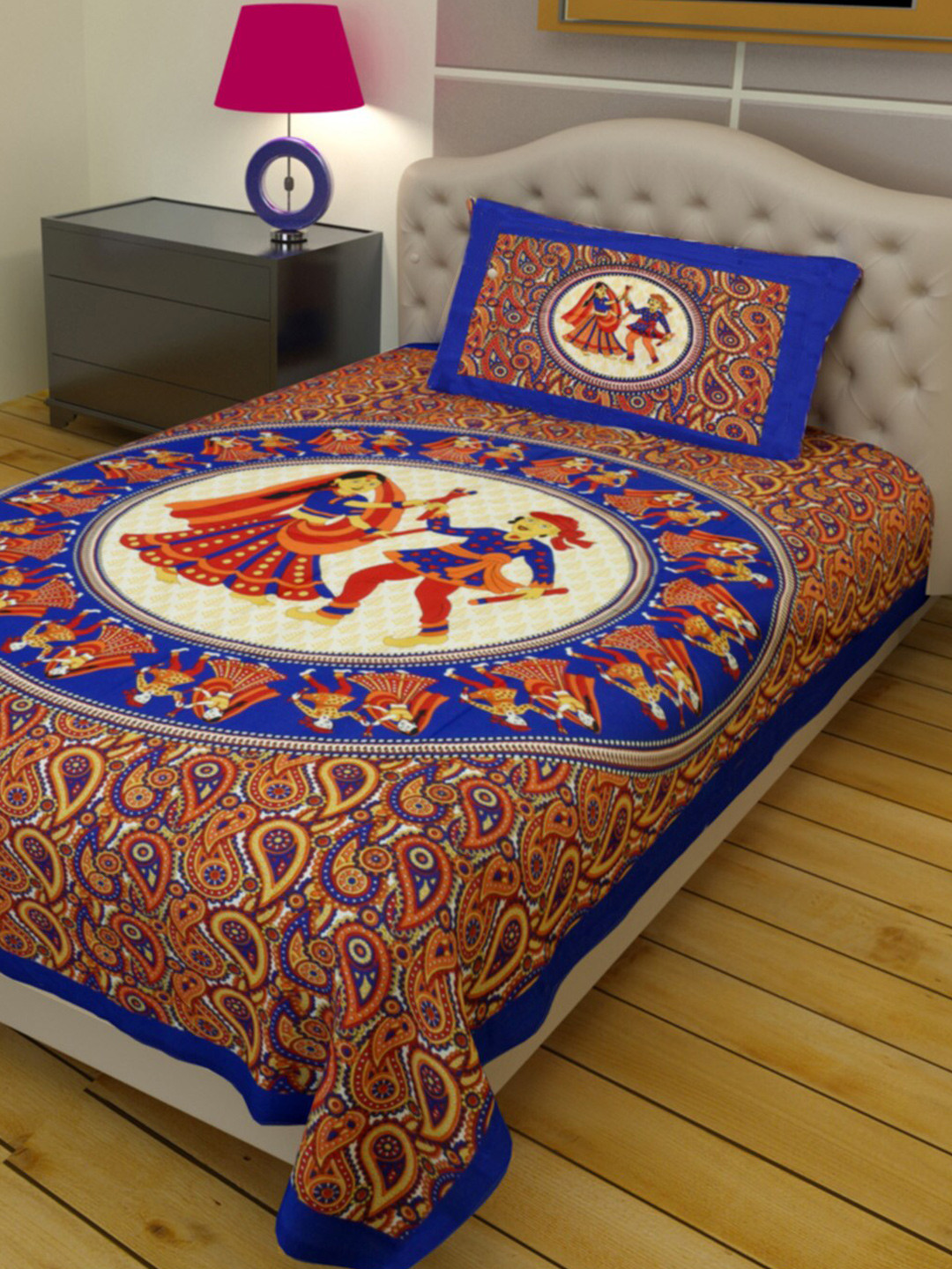 

Rajasthanikart Blue & Brown Printed Cotton 120 TC Single Bedsheet with 1 Pillow Covers