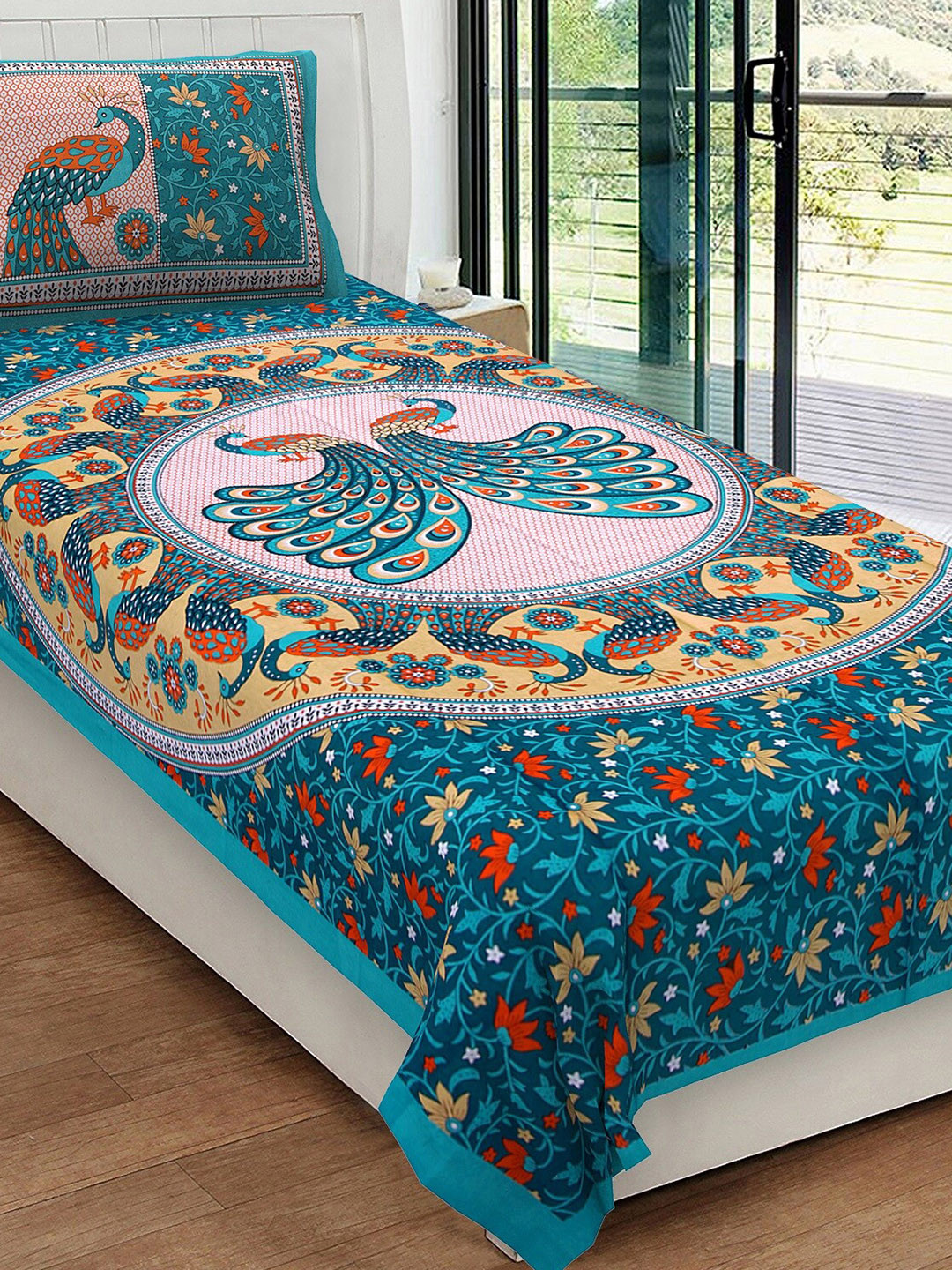 

Rajasthanikart Green & Yellow Ethnic Motifs Cotton 120 TC Single Bedsheet & 1 Pillow Cover