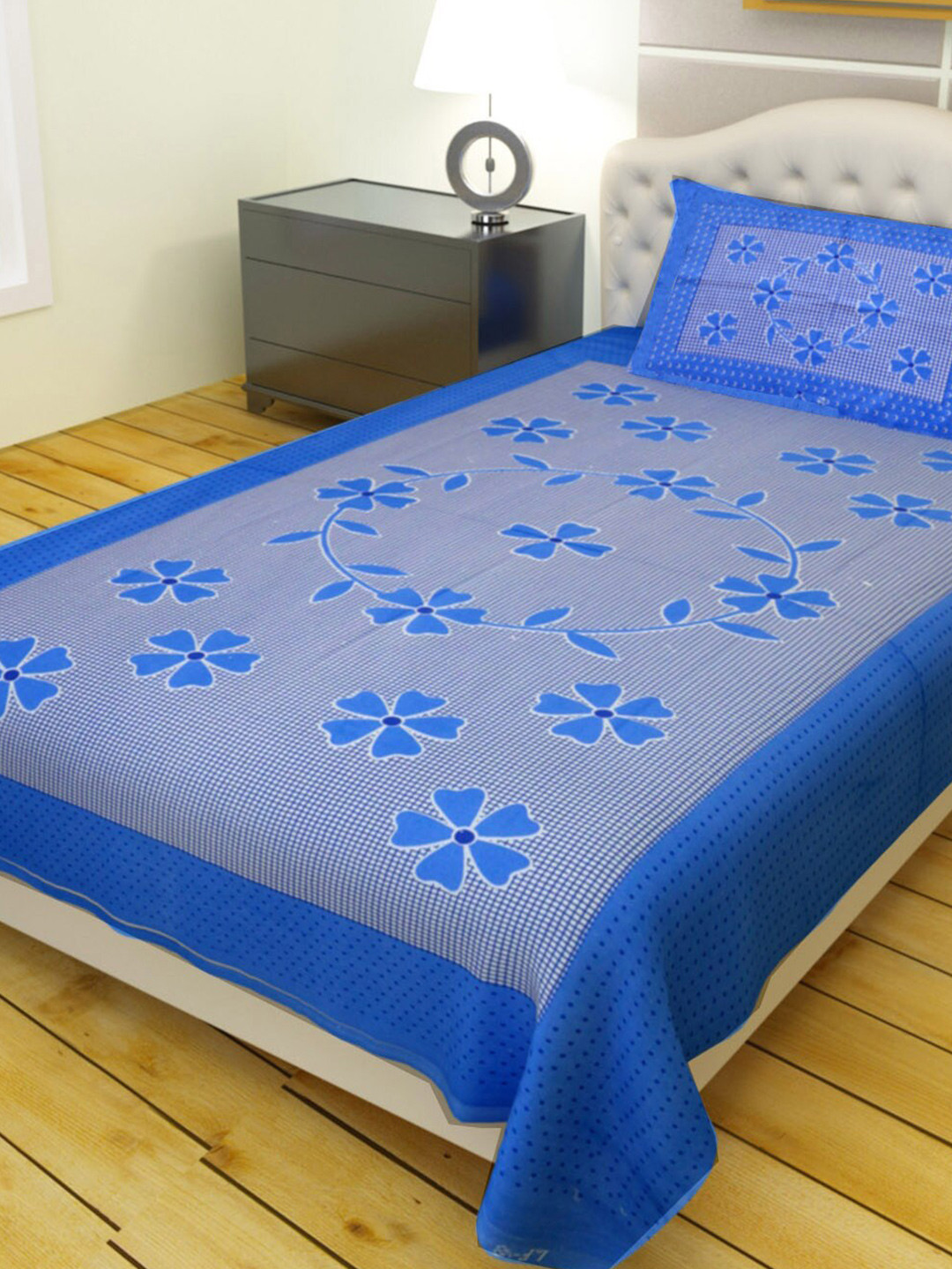 

Rajasthanikart Blue & White Floral Cotton 120 TC Single Bedsheet with 1 Pillow Cover