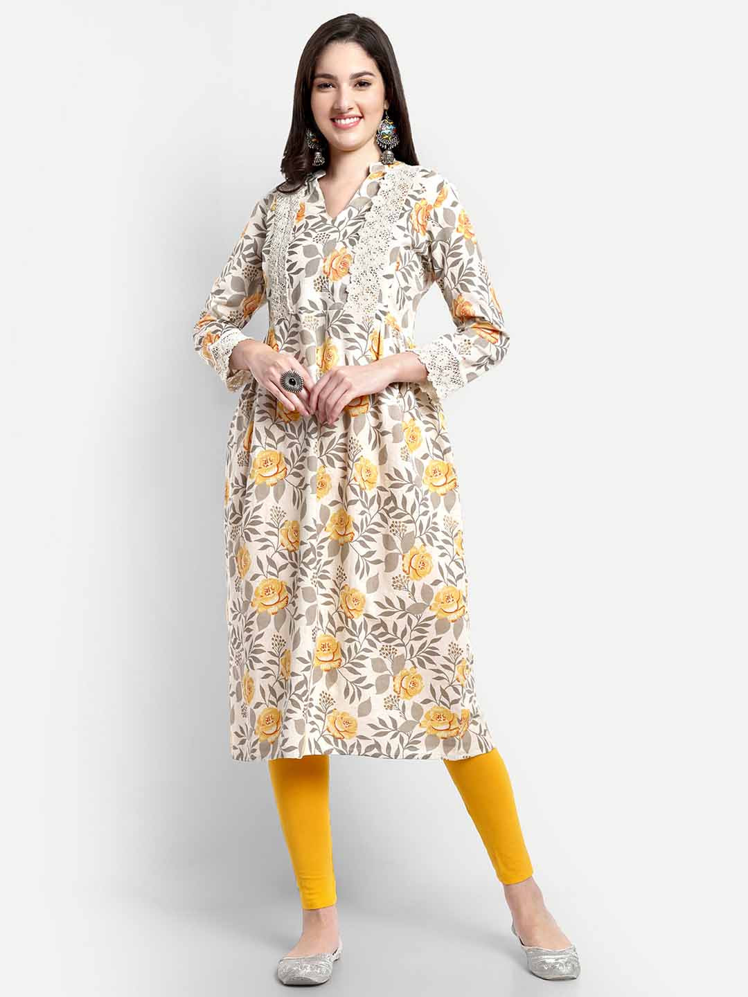 

Aaruvi Ruchi Verma Floral Printed Lace Detailed Mandarin Collar Maternity A-Line Kurta, Off white