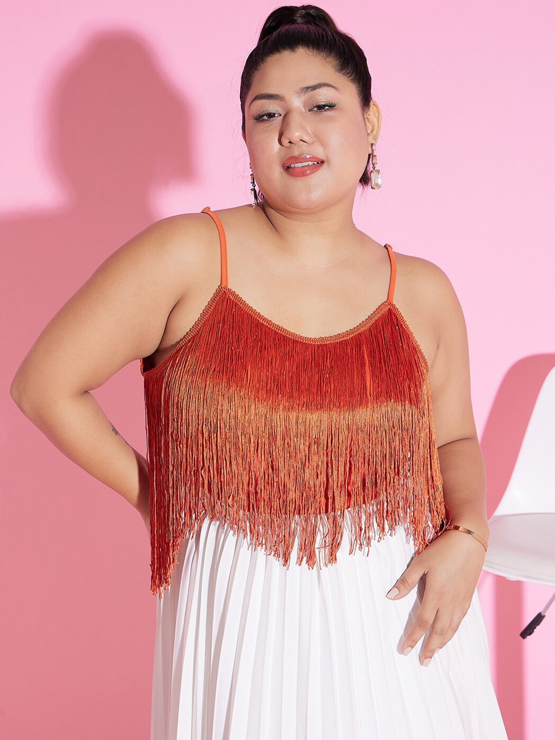 

Berrylush Curve Plus Size Orange Fringed Fitted Top