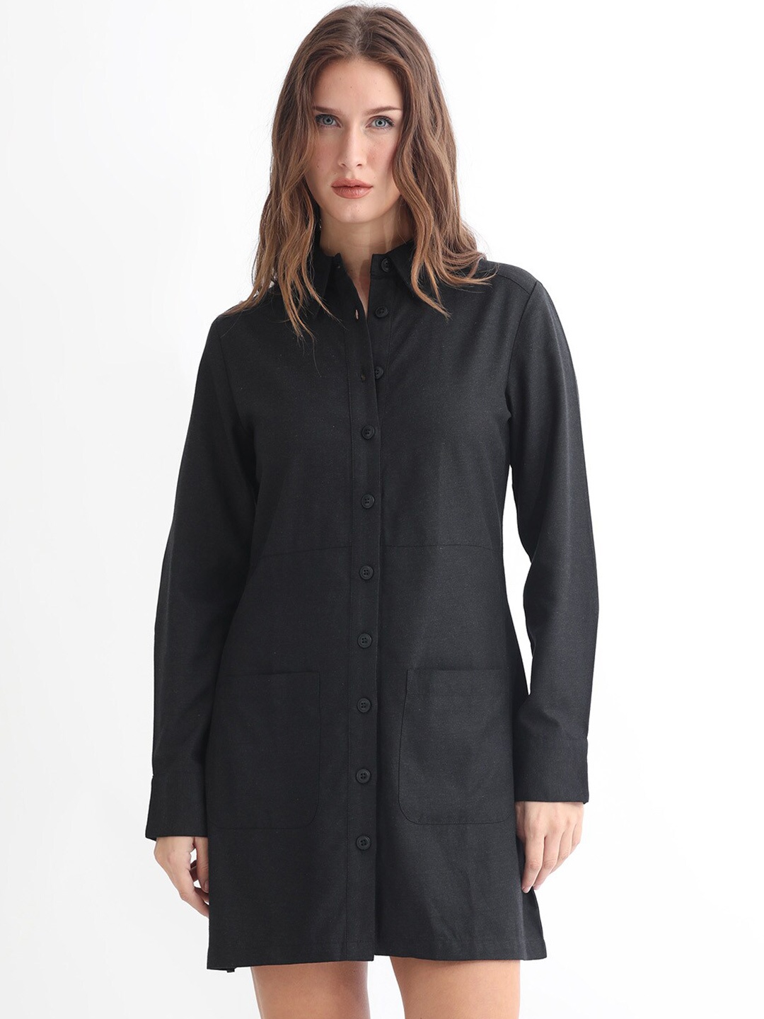 

RAREISM Shirt Collar Shirt Mini Dress, Black