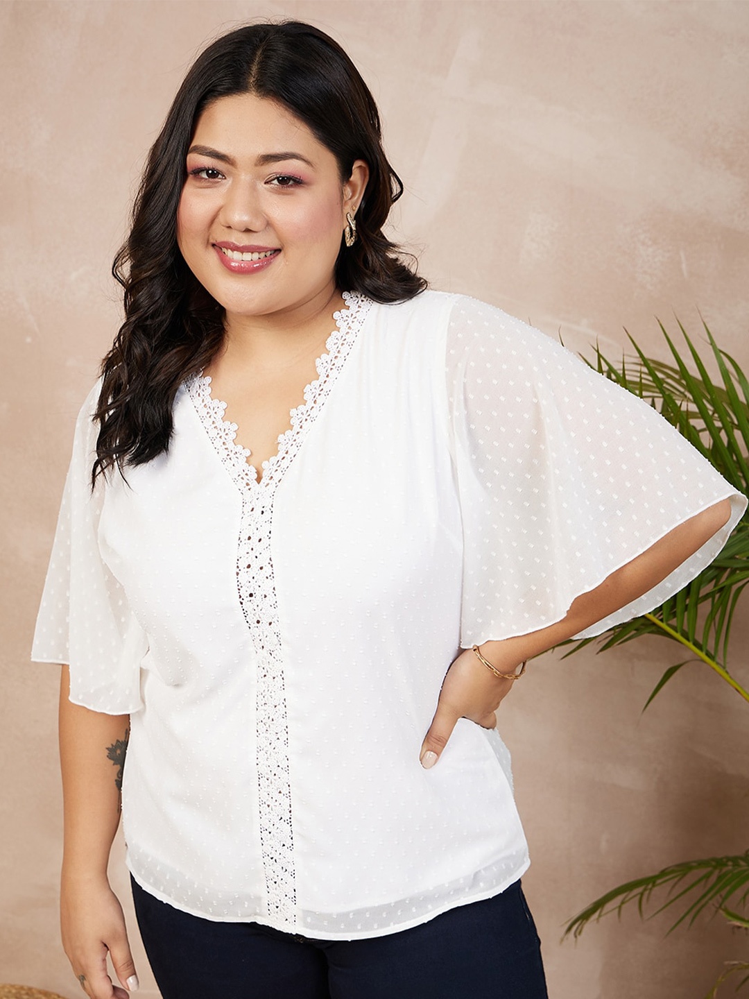 

Berrylush Curve Plus Size White Self Design Flared Sleeves Lace Up Georgette Top