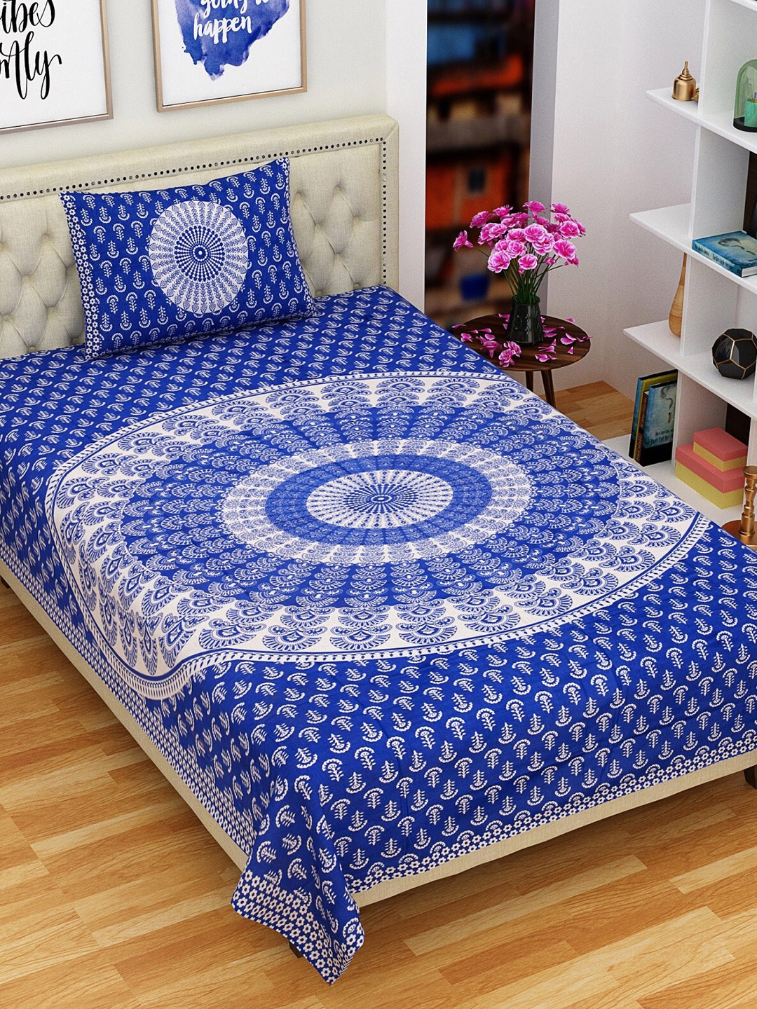 

Rajasthanikart Blue & White Floral Cotton 120 TC Single Bedsheet With 1 Pillow Cover