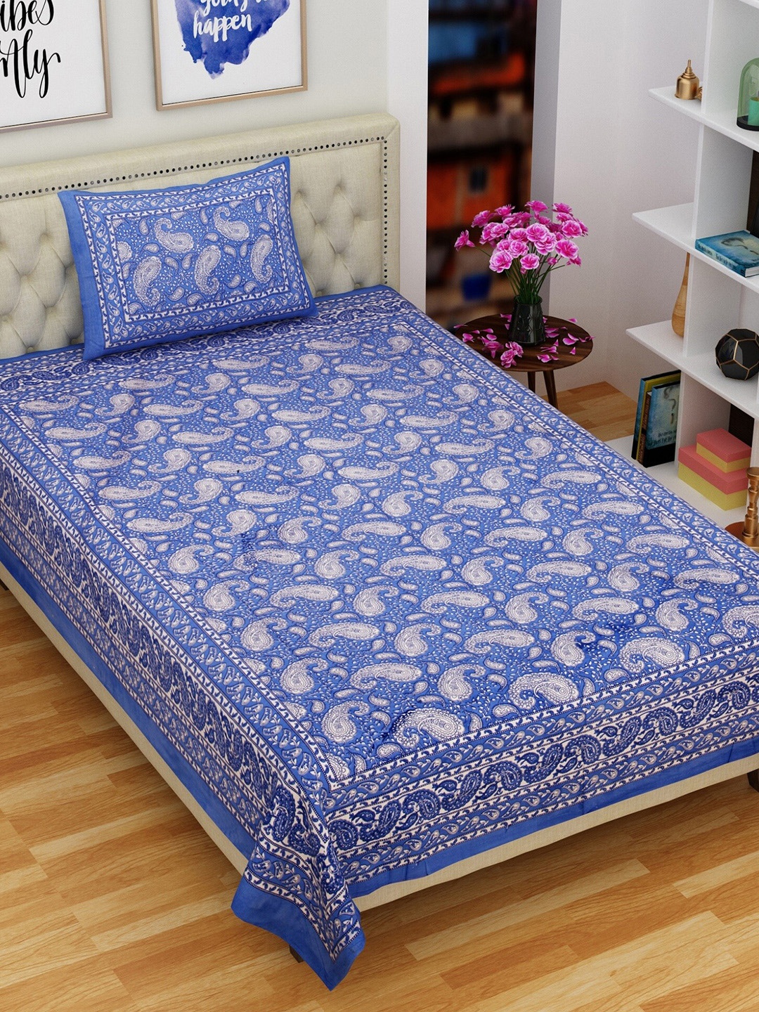 

Rajasthanikart Blue & White Floral Cotton 144 TC Single Bedsheet with 1 Pillow Cover
