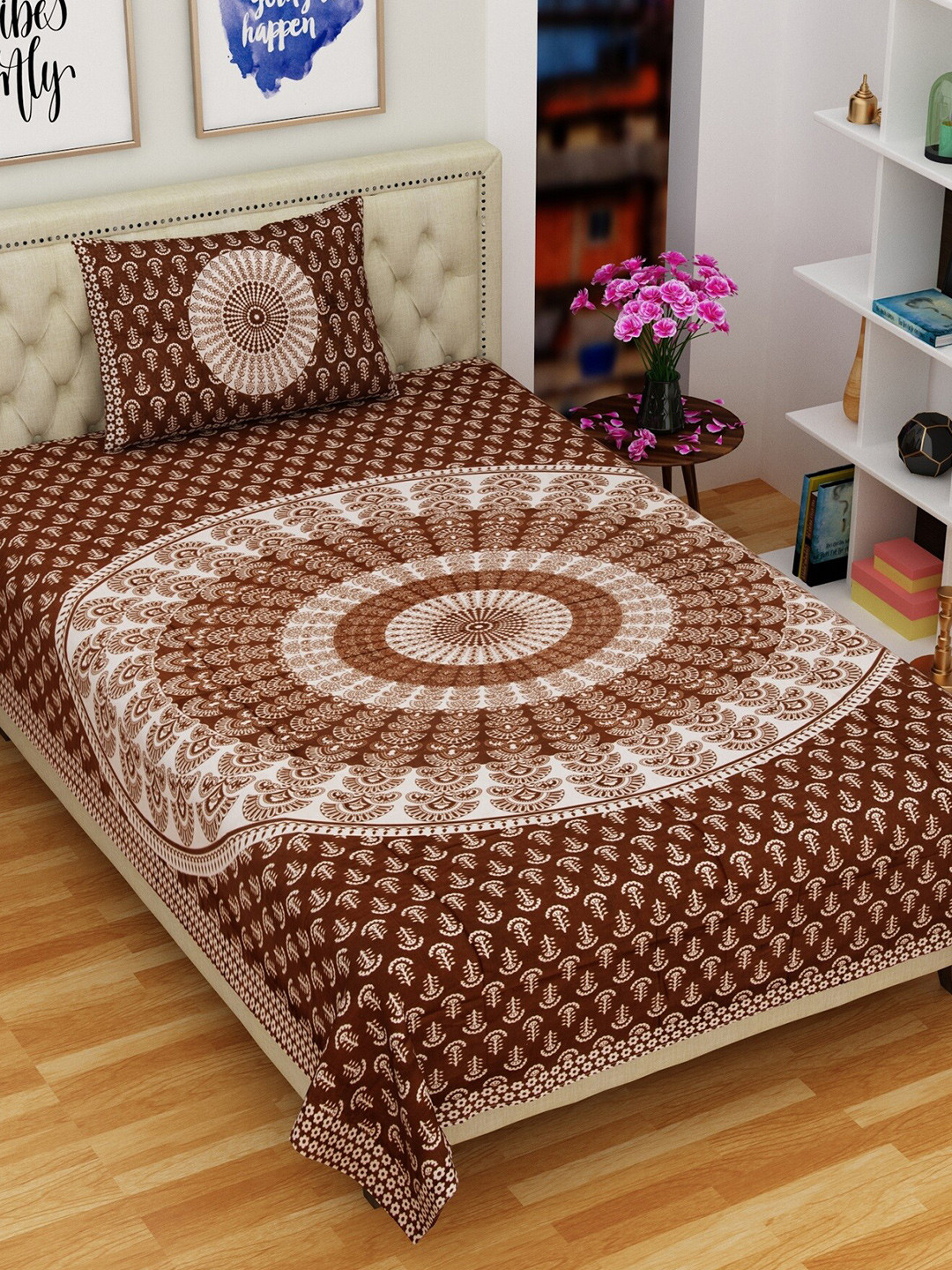 

Rajasthanikart Brown & White Floral Cotton 120 TC Single Bedsheet with 1 Pillow Cover