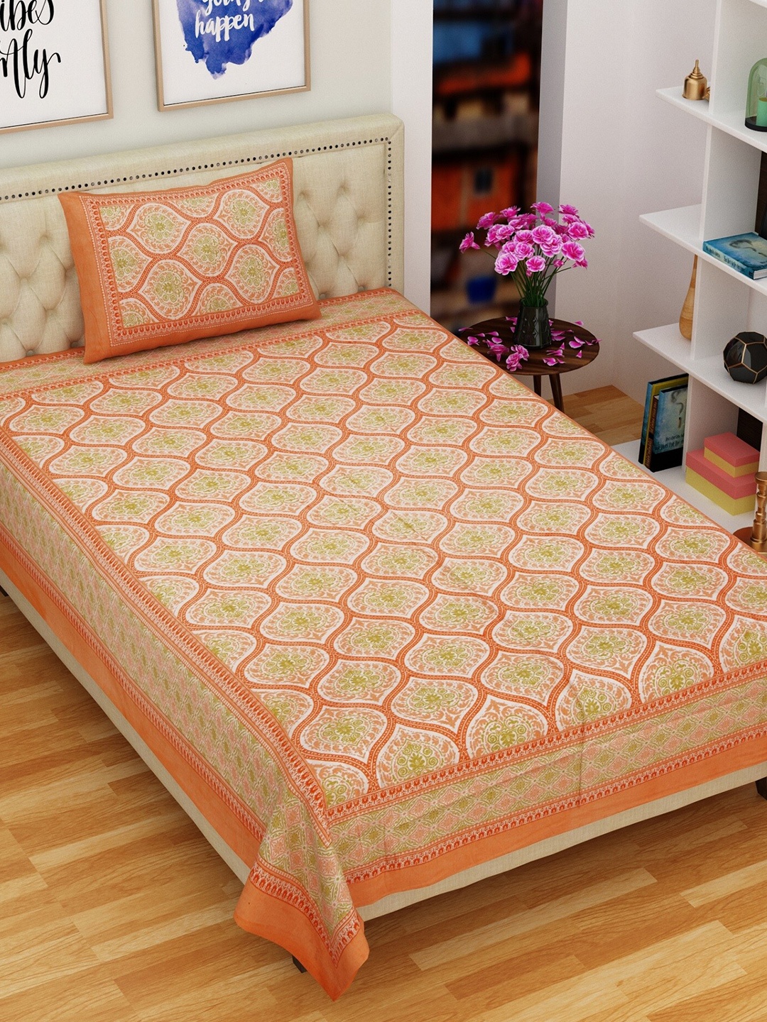 

Rajasthanikart Peach-Coloured Ethnic Motifs Cotton 144 TC Single Bedsheet & 1 Pillow Cover