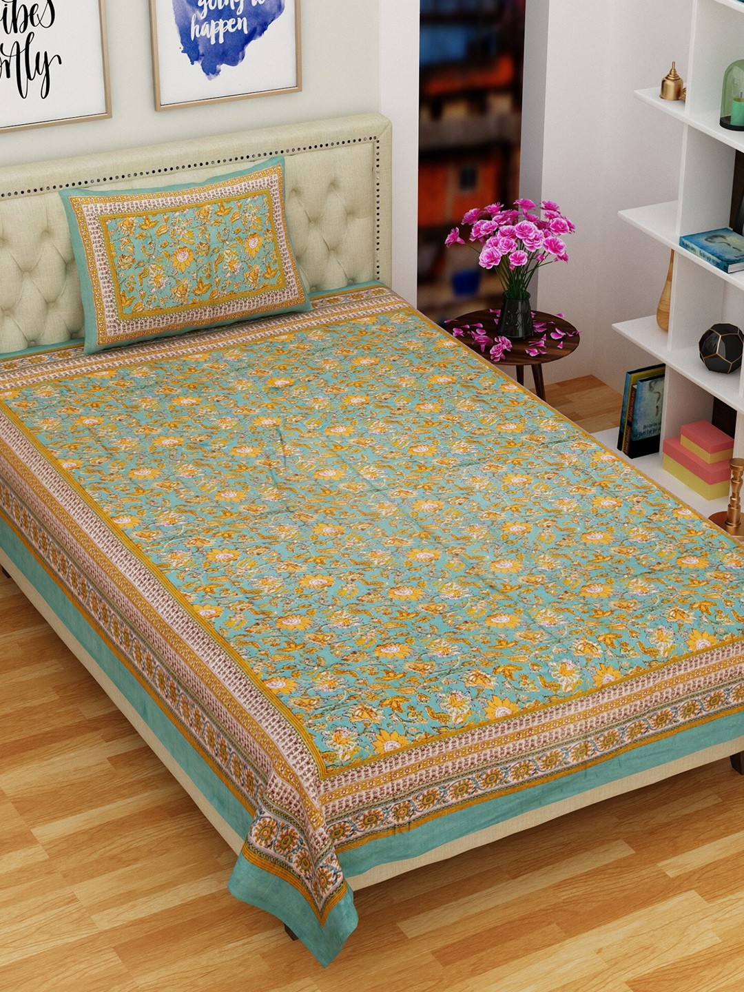 

Rajasthanikart Blue & Yellow Floral Cotton 144 TC Single Bedsheet with 1 Pillow Cover
