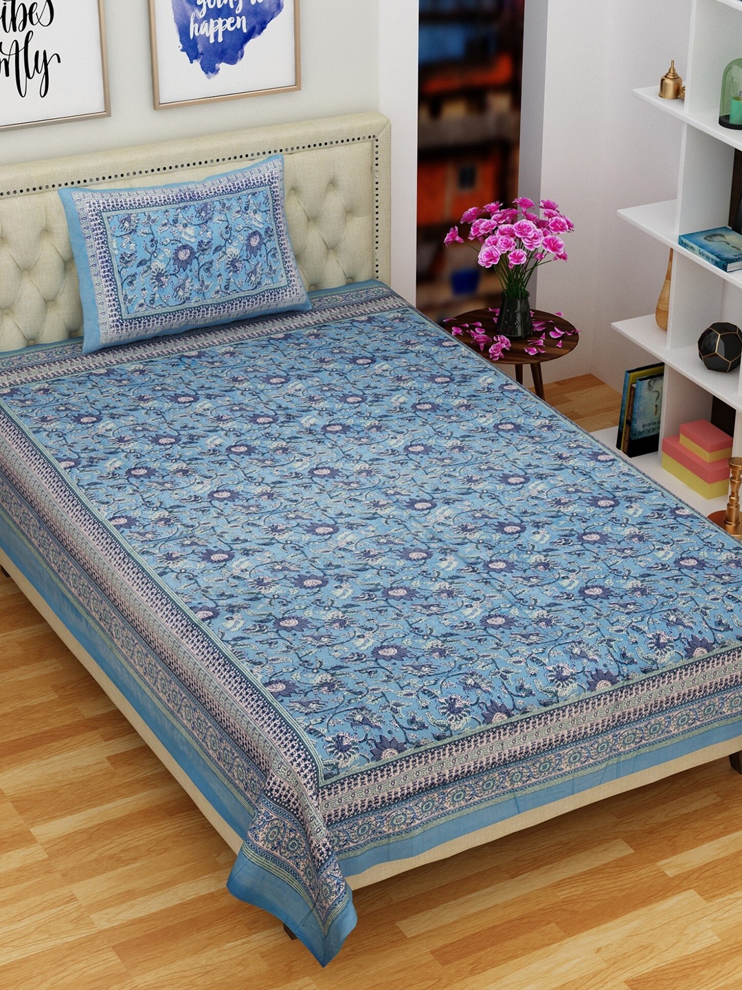 

Rajasthanikart Blue & Off White Floral Cotton 144 TC Single Bedsheet with 1 Pillow Cover